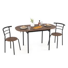Gymax - 3 Pcs Foldable Dining Table Set w/ 2 Chairs Industrial Oval Corner Dining Set - Rustic Brown, Black