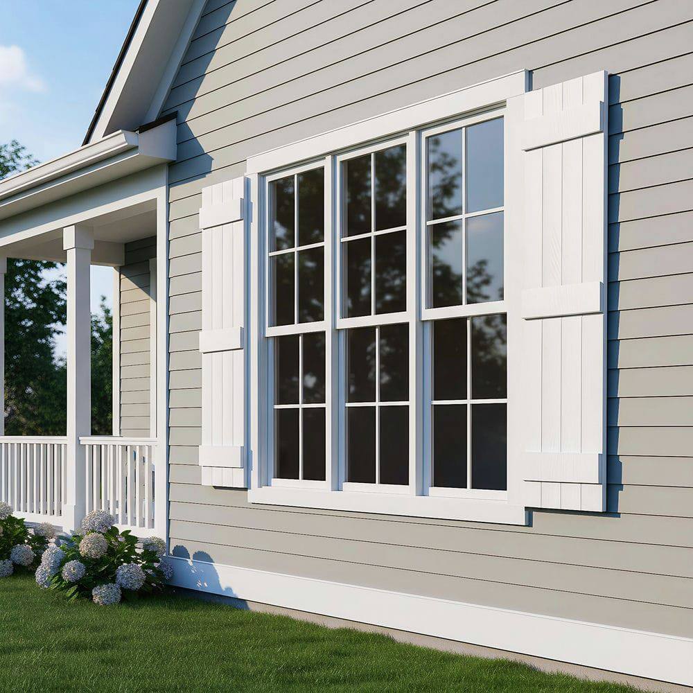Alt View 6. Kadyn - Classic Board & Batten Faux Shutters with 3 Horizontal Bars for Timeless and Durable Exterior Elegance, 14"x63", White - White.