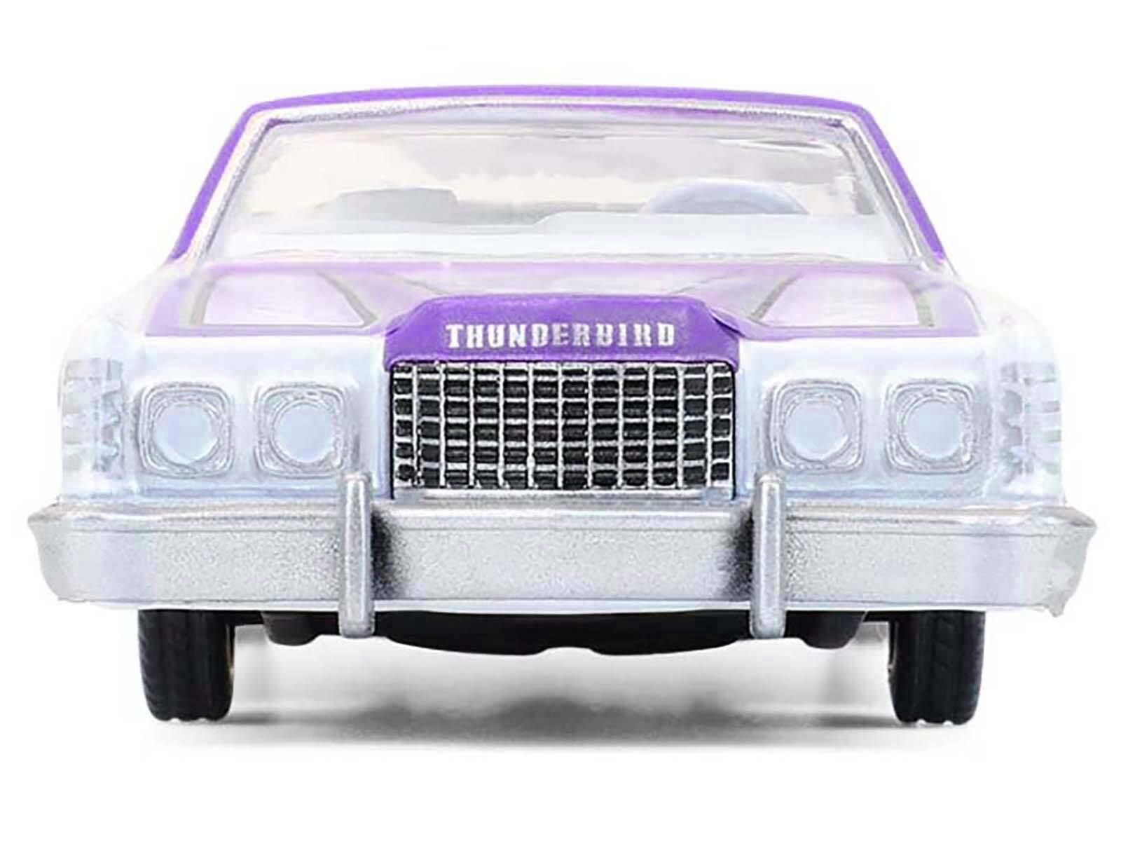 Alt View 3. Greenlight - 1973 Ford Thunderbird Lowrider Purple Metallic with Graphics and White Interior 1/64 Diecast Model Car by Greenlight.