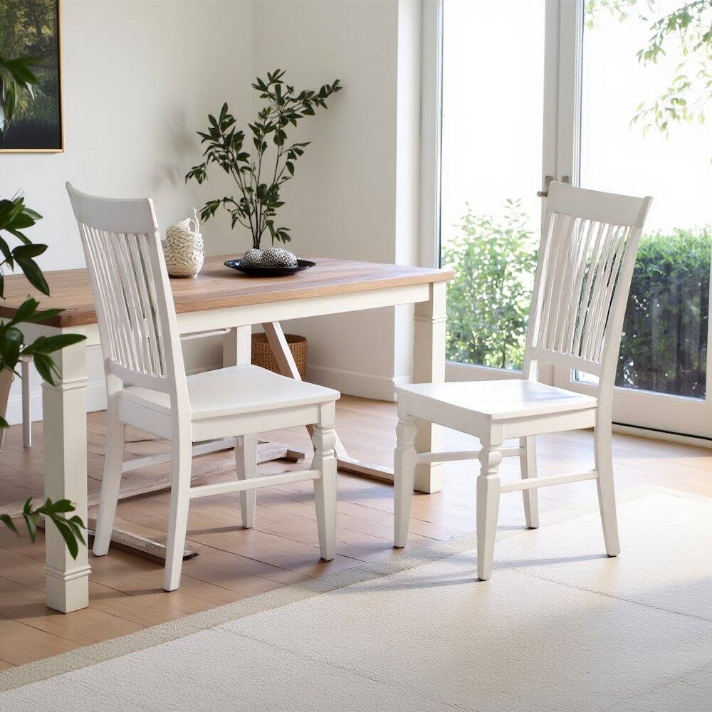 Left. FurniFact - Elegant White Wooden Dining Chairs – Slatted Back - Linen White.