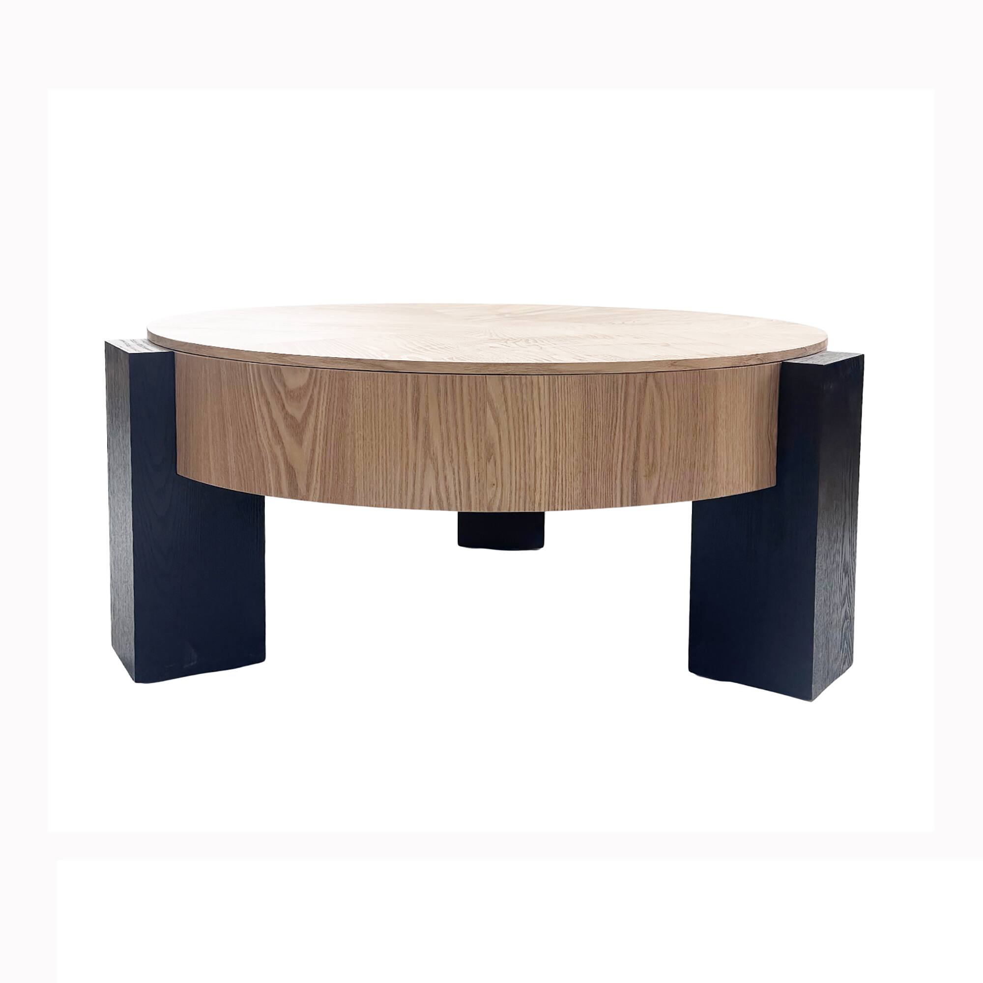 Alt View 7. Loheer - Loheer 33 Inch Round Coffee Table Hidden Storage Wabi Sabi Wood Parquet Veneer Center Table for Living Room - Matte Black,Natural Wood.