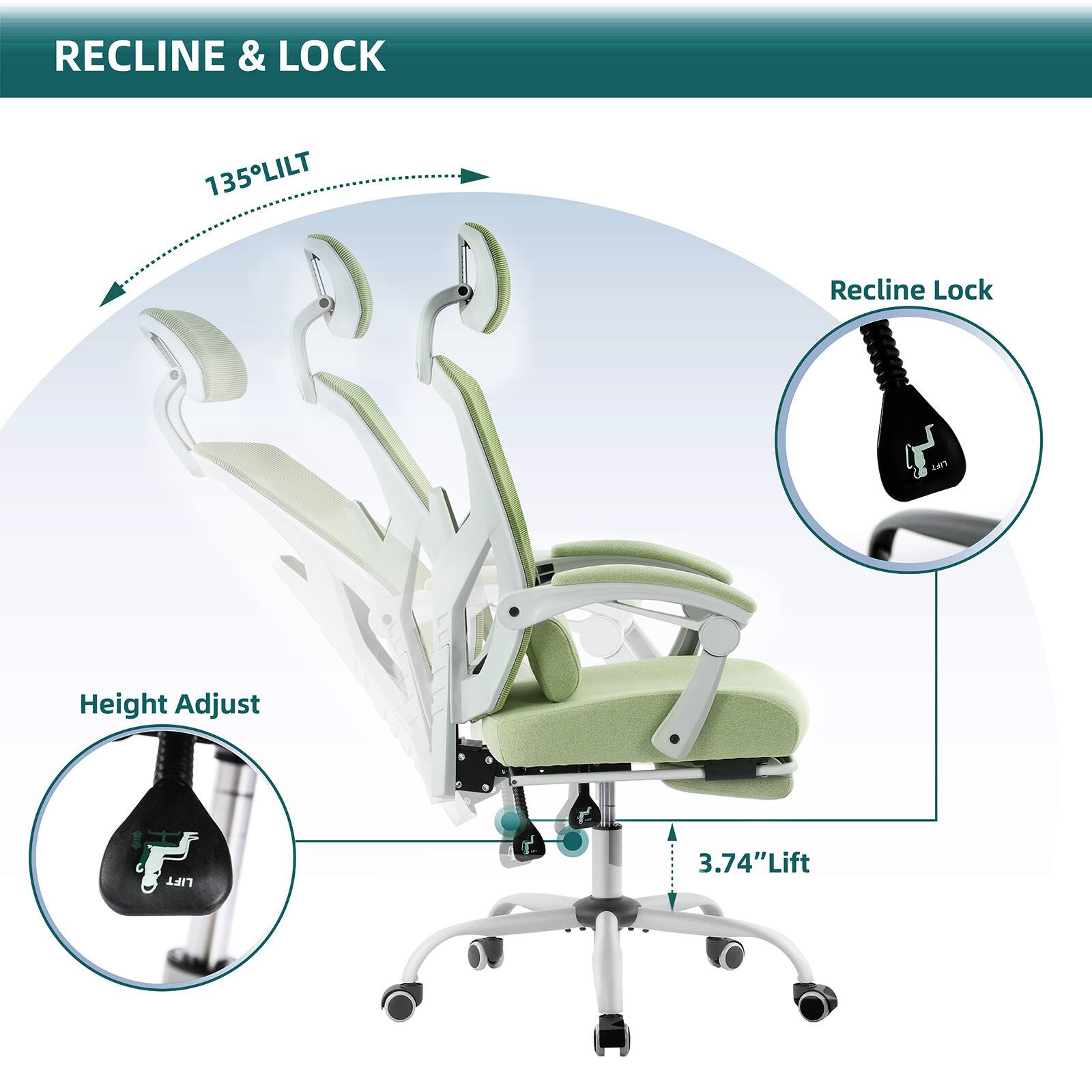 RECLINE & LOCK

135° LILT

Recline Lock

Height Adjust

3.74" Lift