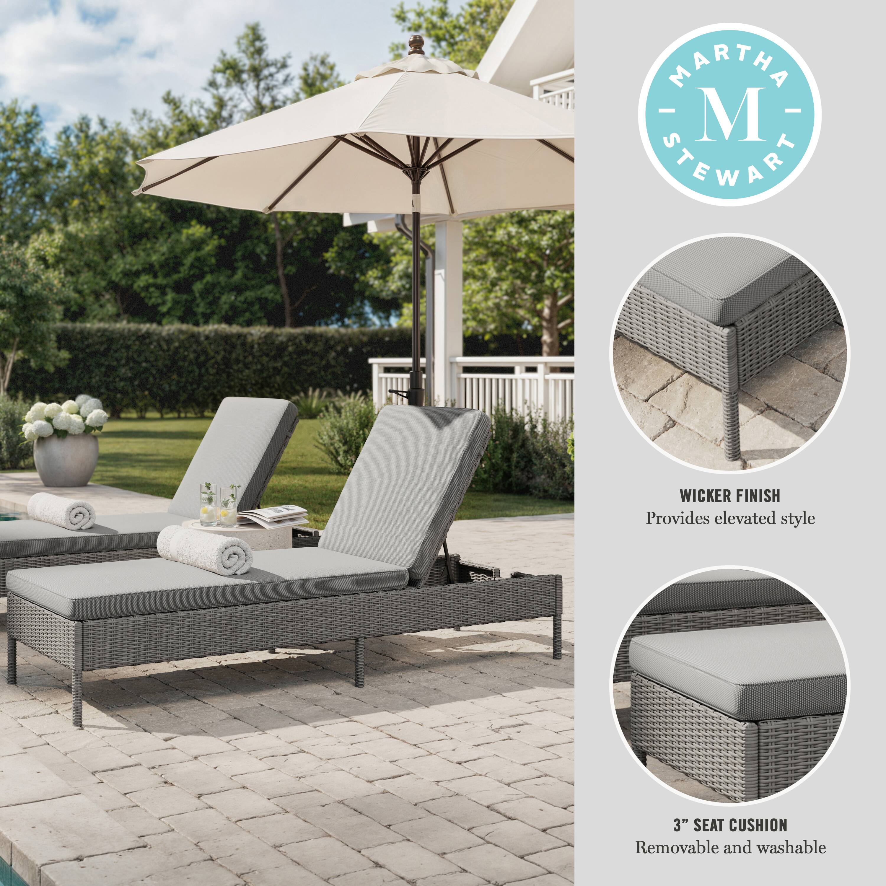 The text on the image reads: "Martha - M Stewart Wicker Finish Provides elevated style 3" seat cushion Removable and washable."