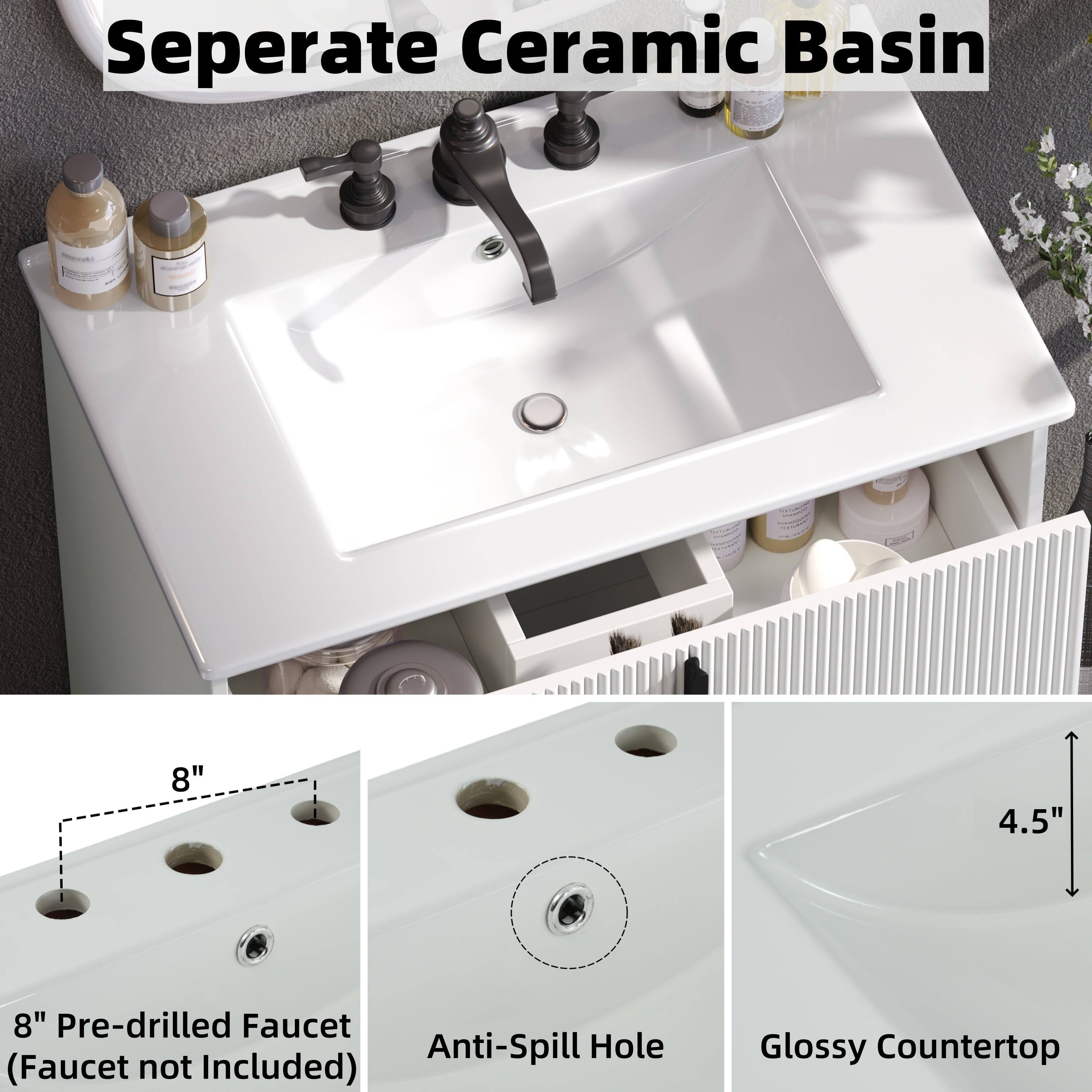 Separate Ceramic Basin

- 8" Pre-drilled Faucet (Faucet not Included)
- Anti-Spill Hole
- Glossy Countertop

8" Pre-drilled Faucet (Faucet not Included)

Anti-Spill Hole

Glossy Countertop

4.5"