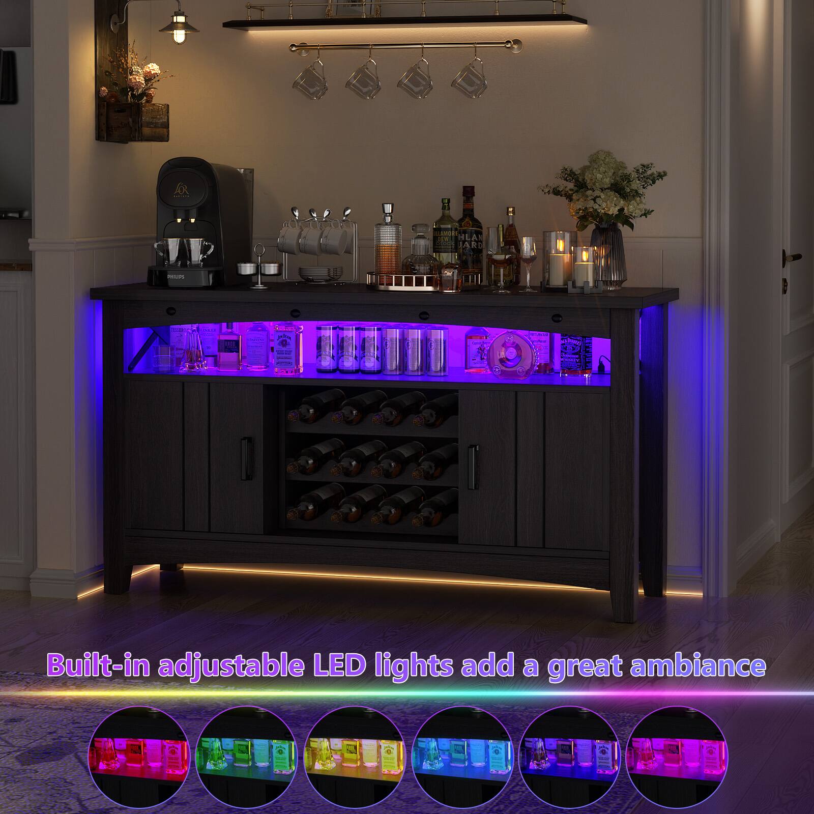 Built-in adjustable LED lights add a great ambiance