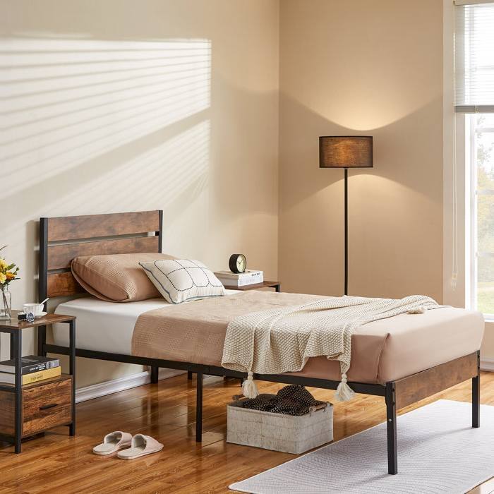 Angle. Hivvago - Hivvago Twin Industrial Platform Bed Frame with Wood Slatted Headboard Footboard - Brown.