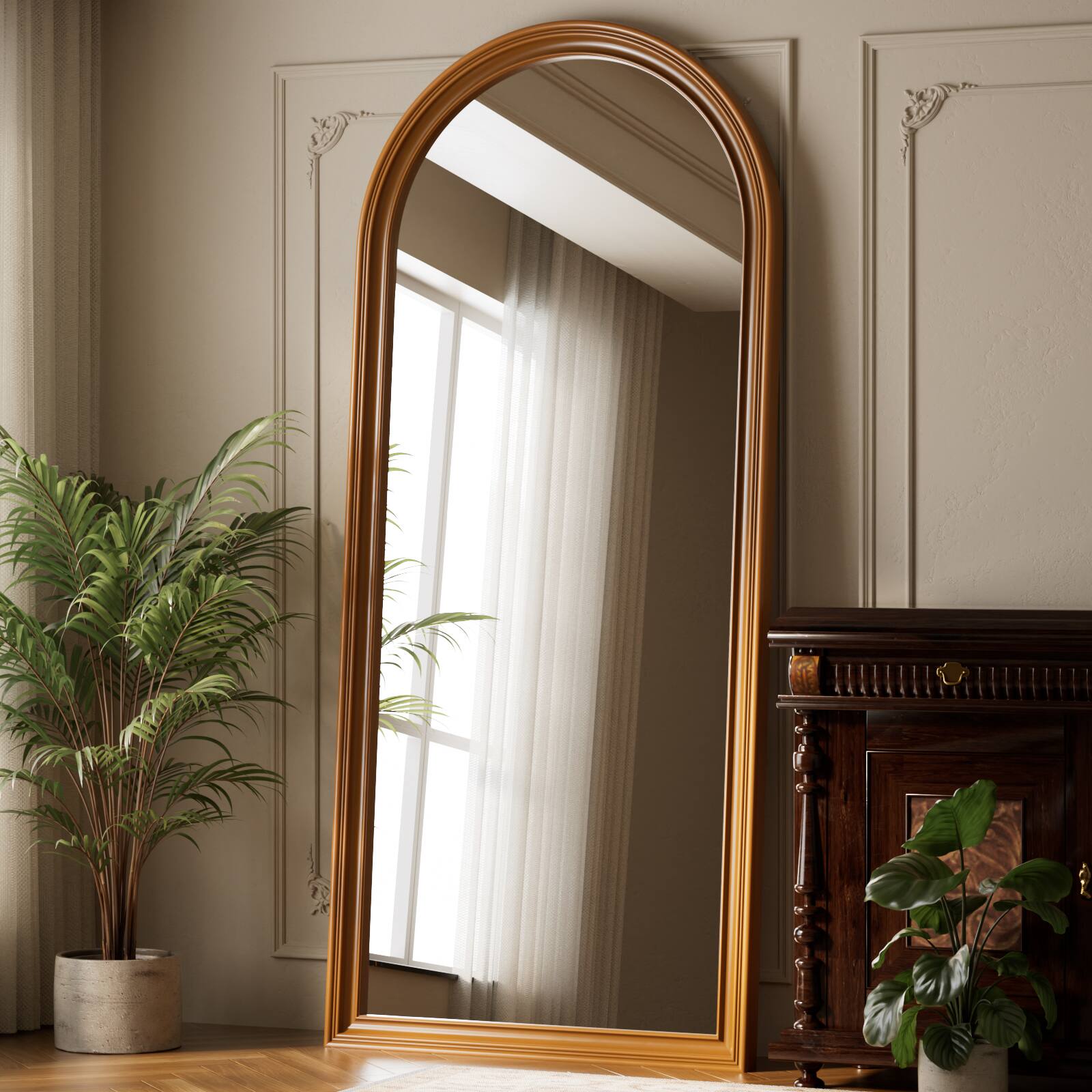 Back. Easly - Antique Gold 32 in. W x 71 in. H Arched PU Frame Full Length Mirror Floor Mirror - Gold.