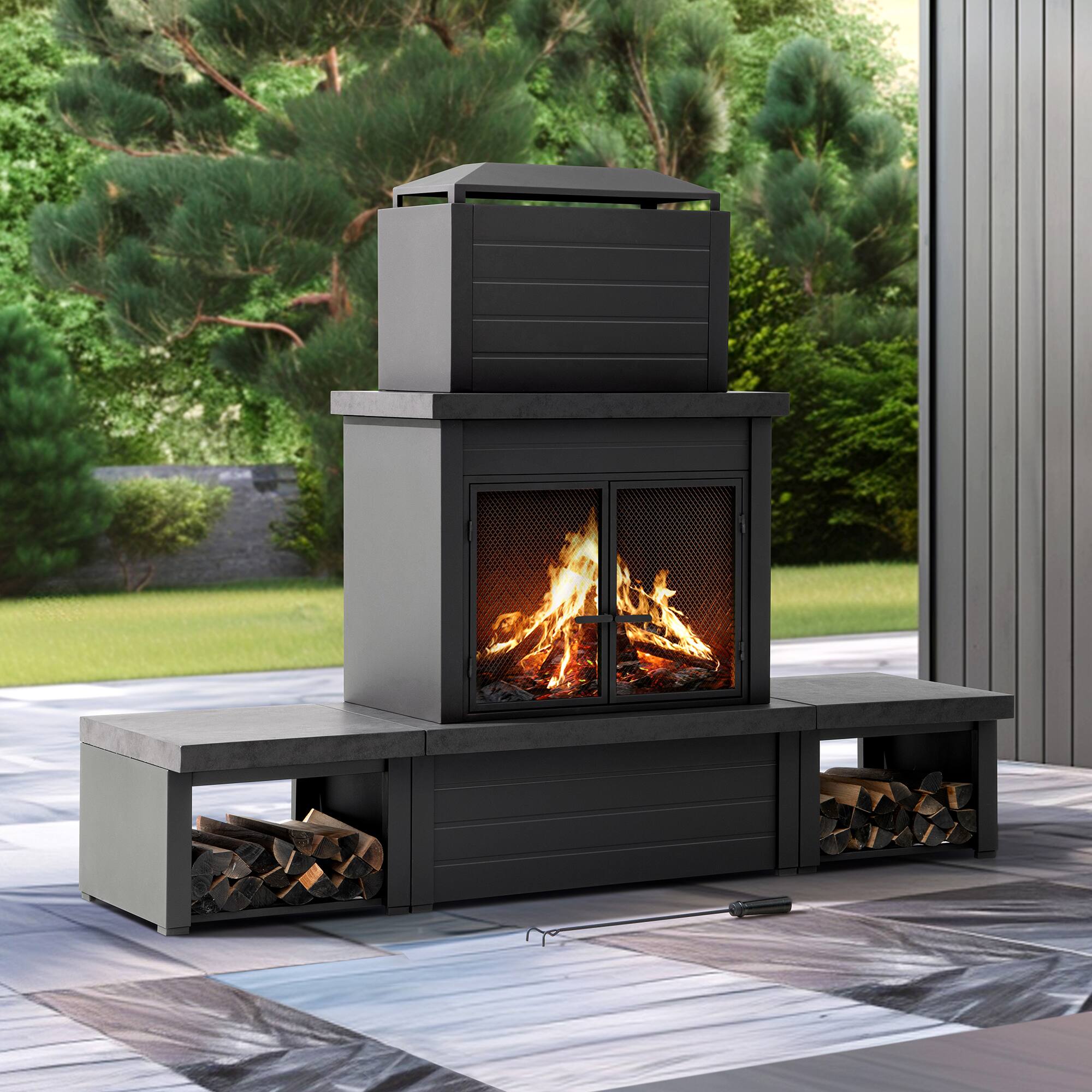 Angle. SUNJOY - Sunjoy Winters Woodburning Fireplace with Log Holder (Set of 3) - Black - Black/dark gray.