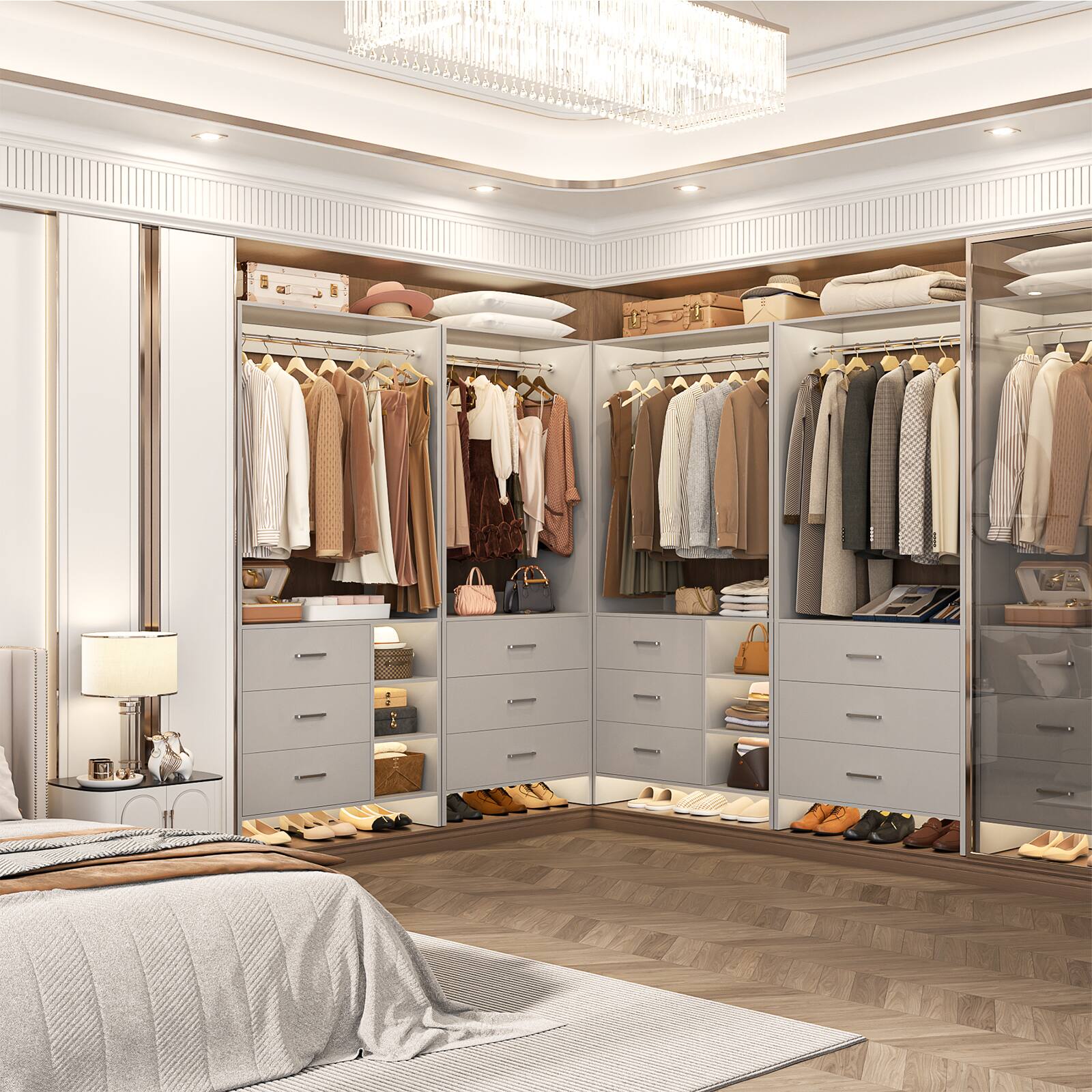 Alt View 1. Aheaplus - Wardrobe Closet System 2-Piece Set, 4.5ft Organizer System with 6 Drawers and 2 Hanging Rods - Gray.