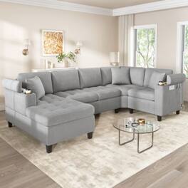 LUCKY ONE - 115.7" U-Shaped Modular Sectional Sofa w/ Cup Holders Storage USB Ports Chaise - LIGHT GREY
