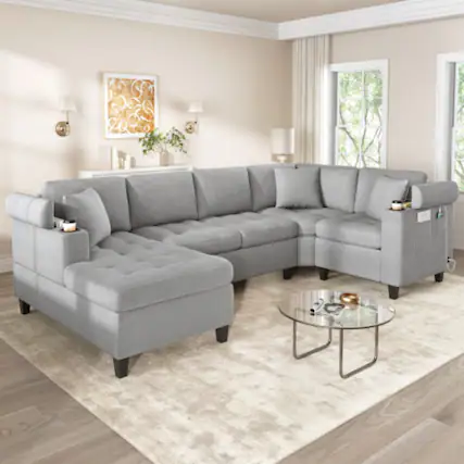 Front. LUCKY ONE - 115.7" U-Shaped Modular Sectional Sofa w/ Cup Holders Storage USB Ports Chaise - LIGHT GREY.