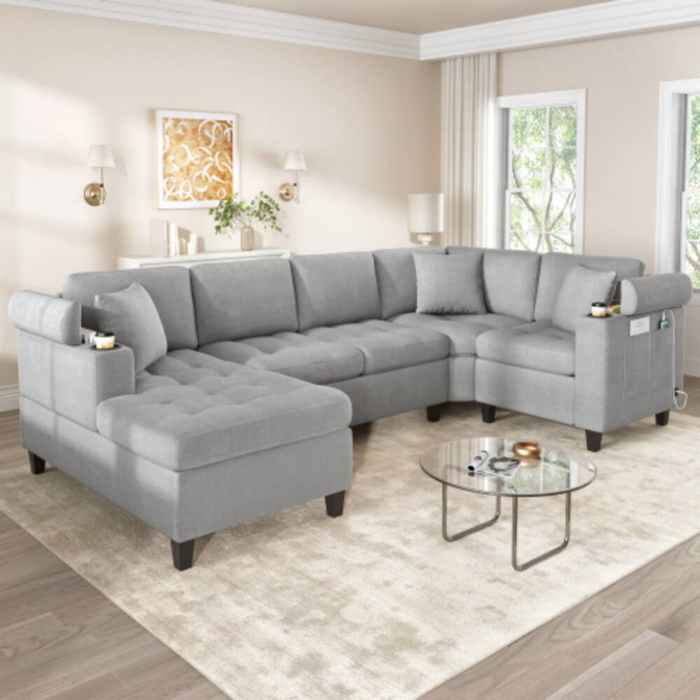 Front. LUCKY ONE - 115.7" U-Shaped Modular Sectional Sofa w/ Cup Holders Storage USB Ports Chaise - LIGHT GREY.