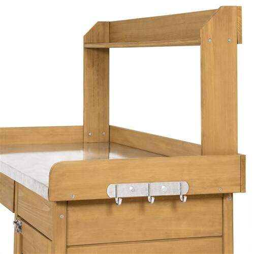 Back. SlickBlue - Outdoor Fir Wood Garden Potting Bench with Metal Work Surface - Brown.