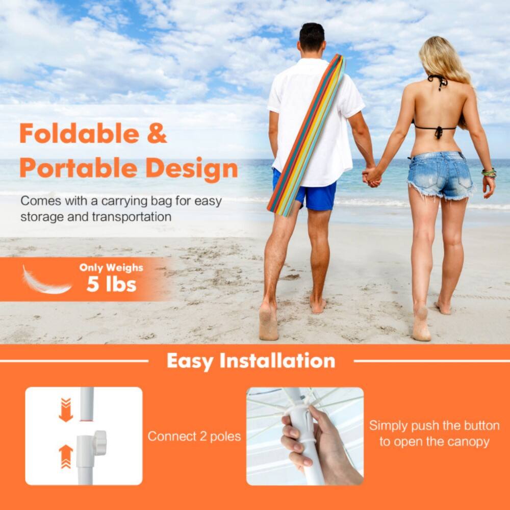 Foldable & Portable Design  
Comes with a carrying bag for easy storage and transportation  
Only Weighs 5 lbs  

Easy Installation  
Connect 2 poles  
Simply push the button to open the canopy