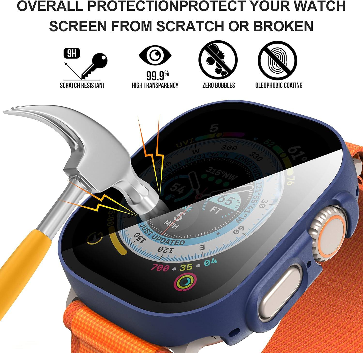 OVERALL PROTECTION  
PROTECT YOUR WATCH SCREEN FROM SCRATCH OR BROKEN  

9H  
SCRATCH RESISTANT  
99.9% HIGH TRANSPARENCY  
ZERO BUBBLES  
OLEOPHOBIC COATING  

5:00  
5 UVI 300 52 W 61 330 RUDE 40 315 NW LONGITUD 76 54 12155' 65 30 NE FT 5 Muth JUST MPH 09 150 UPDATED 120 E . 04 700 - 35