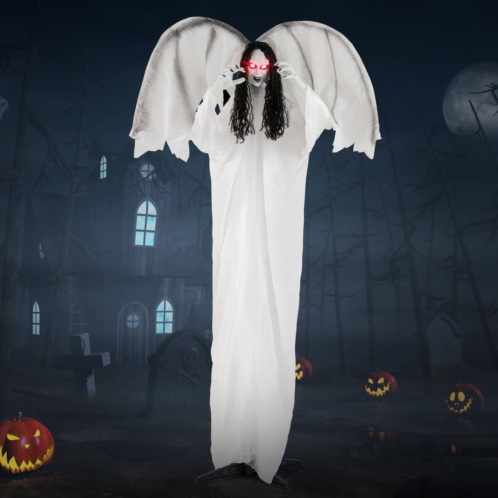 Alt View 4. Costway - Costway Halloween Animatronic Standing Angel Holding Book 6.6FT Haunted House Decoration - White.