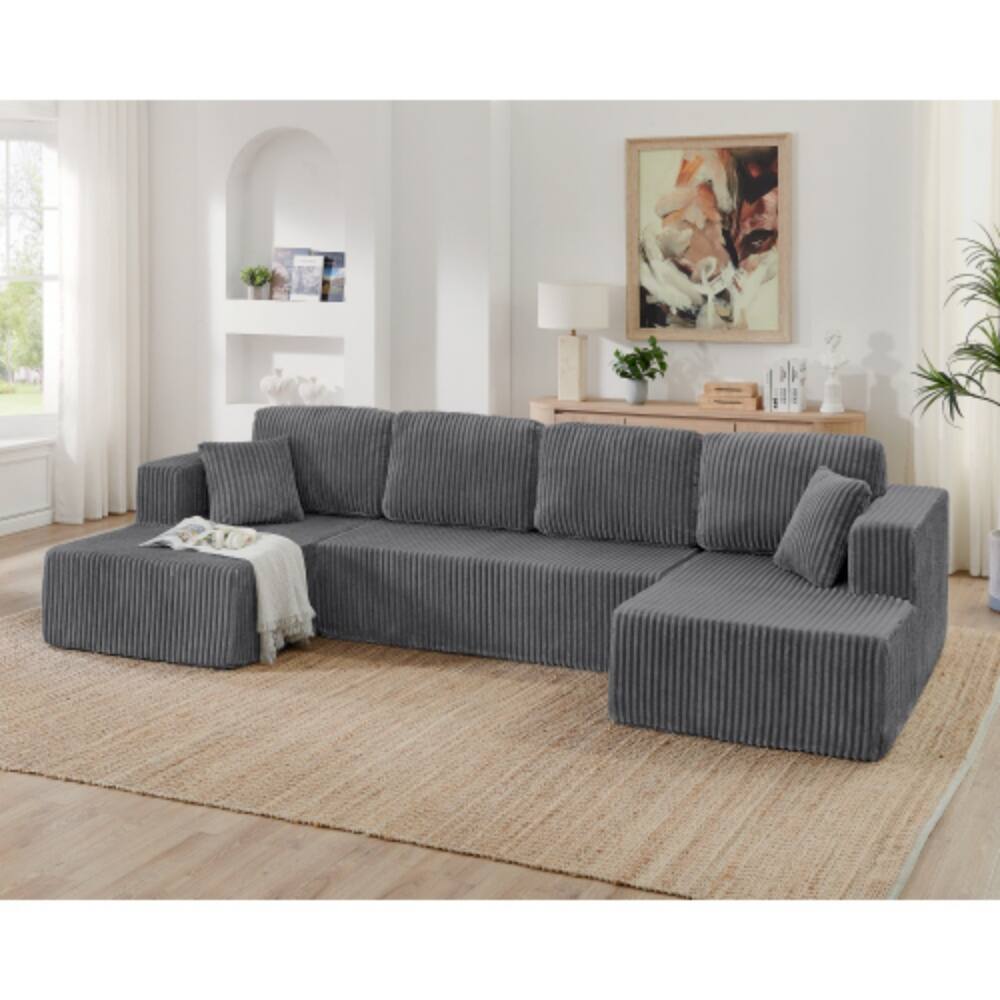 Left. LUCKY ONE - U-Shape Modular Sectional Sofa Compressed Corduroy Sleeper Couch No Assembly - Grey.