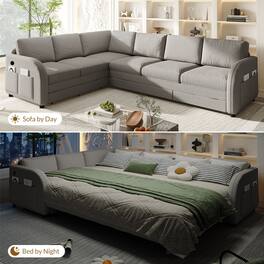 Anysun - 115.2" L-Shaped Sofa w/ Pull-Out Bed, Oversize Sleeper, Side Pocket, USB Port, Sherpa Fleece, Convertible Left/Right - Gray