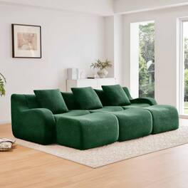 Aukfa - Modular Teddy Fabric Sofa - 3-Seat Sectional with 3 Ottomans, Soft Boneless Design for Living Room - Green