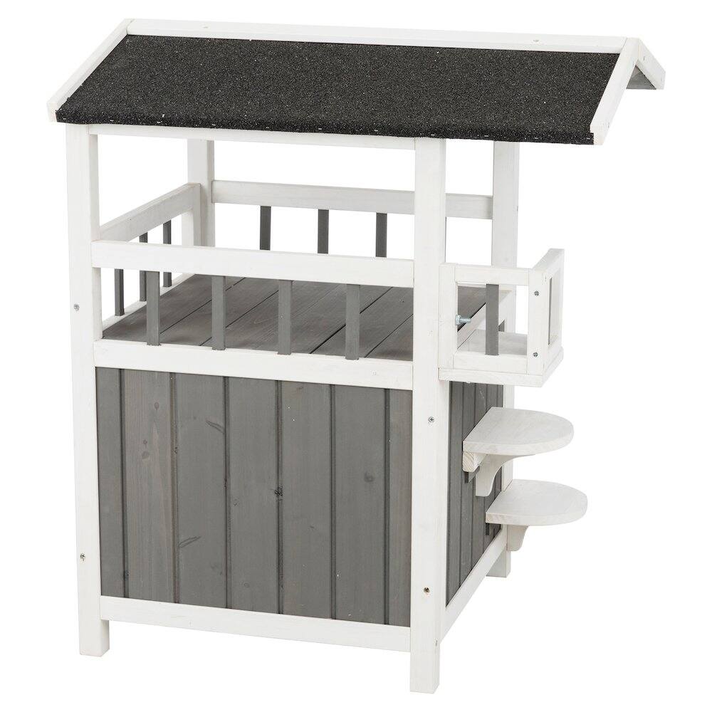 Back. TRIXIE - Wooden Outdoor or Indoor Cat House with Shaded Balcony for Small Cats, Gray - Gray/White.