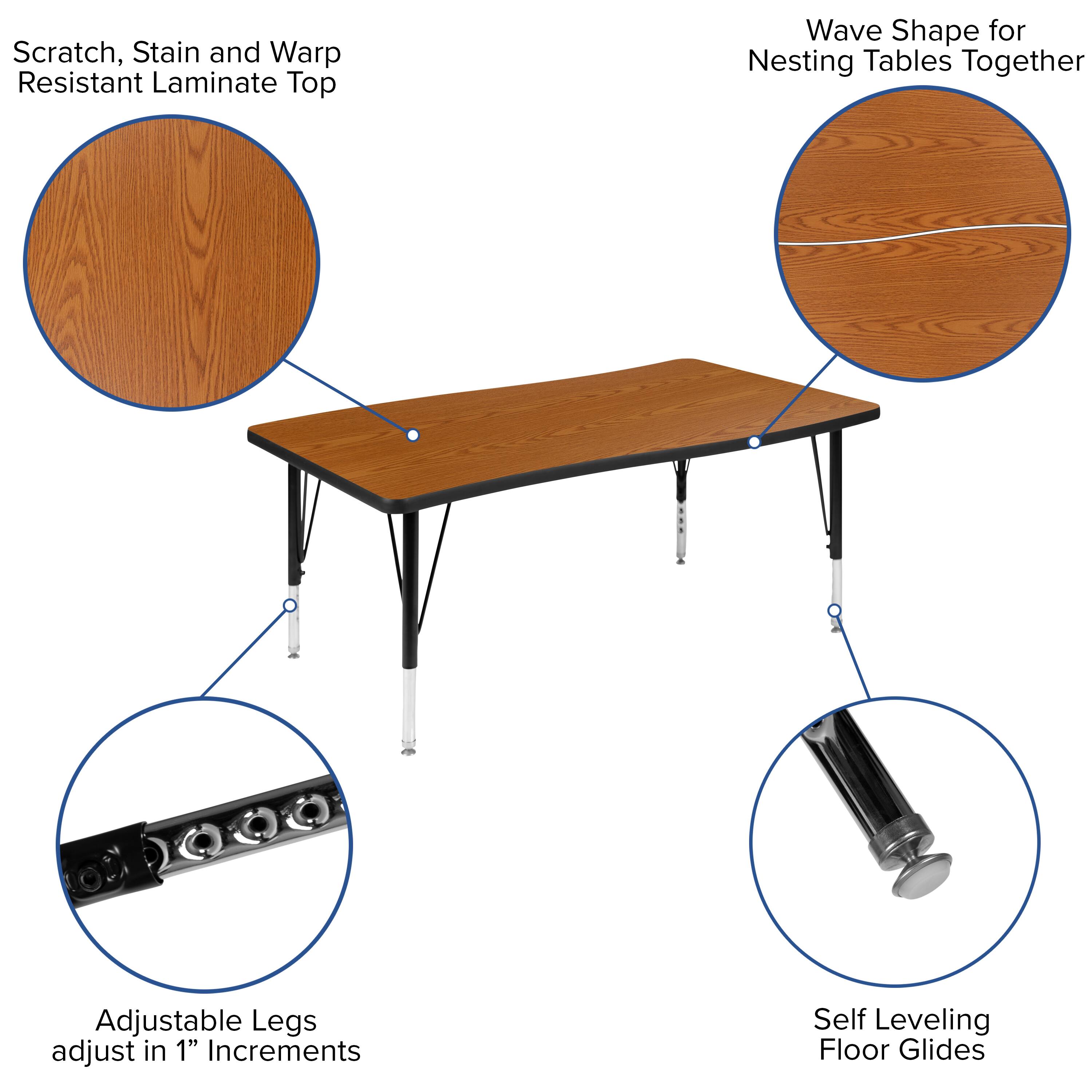 Scratch, Stain and Warp Resistant Laminate Top

Wave Shape for Nesting Tables Together

Adjustable Legs adjust in 1" Increments

Self Leveling Floor Glides