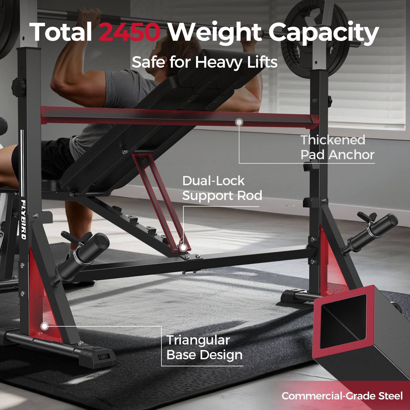Total 2450 Weight Capacity Safe for Heavy Lifts

FLYBIRD
Dual-Lock Support Rod
Thickened Pad Anchor
Triangular Base Design
Commercial-Grade Steel