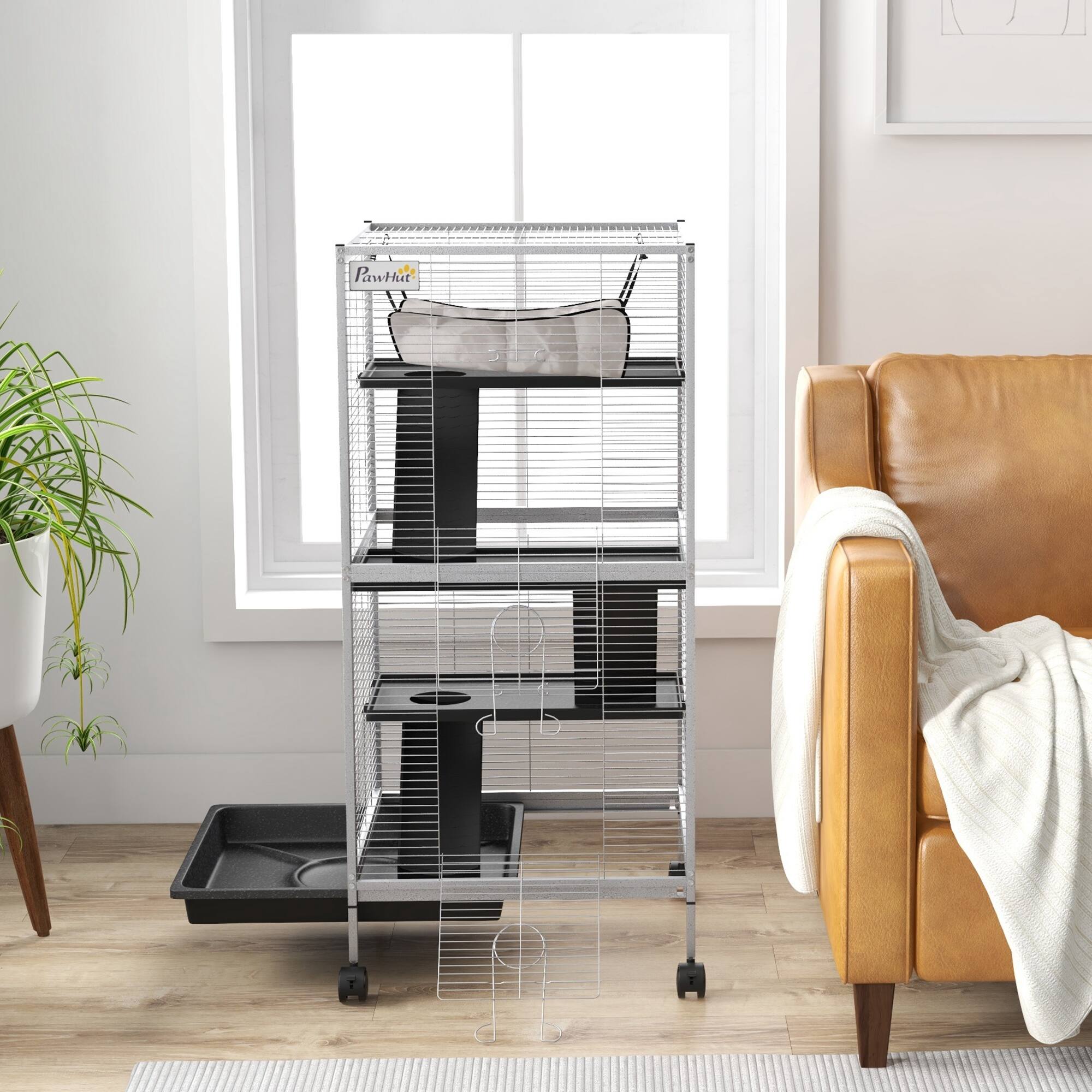 Alt View 5. Pawhut - Metal Small Animal Cage, 4-Tiers Rolling Big Ferret Cage with Hammock, Removable Tray, Chinchilla, Sugar Glider.