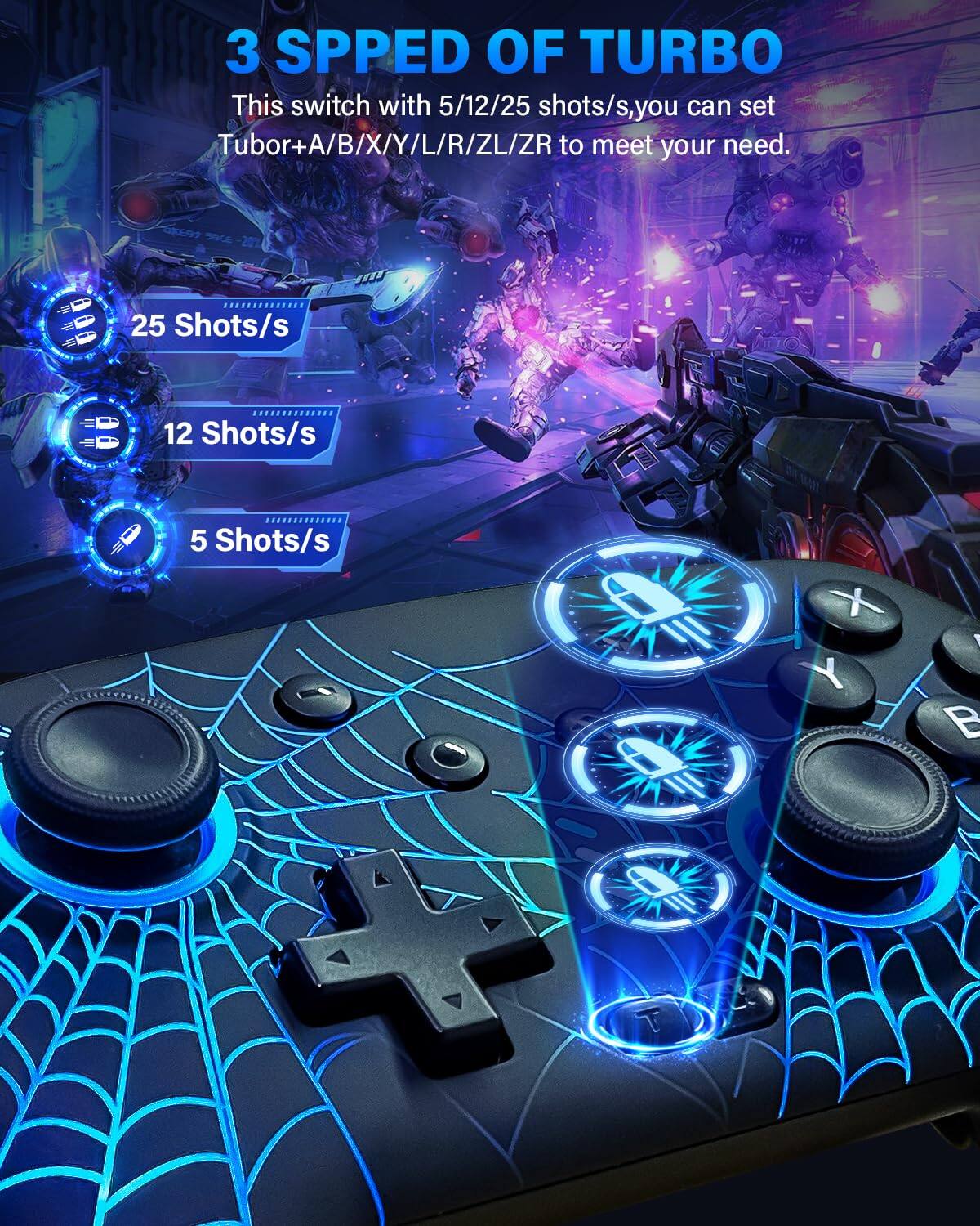3 SPEED OF TURBO

This switch with 5/12/25 shots/s, you can set Turbo+A/B/X/Y/L/R/ZL/ZR to meet your need.

25 Shots/s

12 Shots/s

5 Shots/s