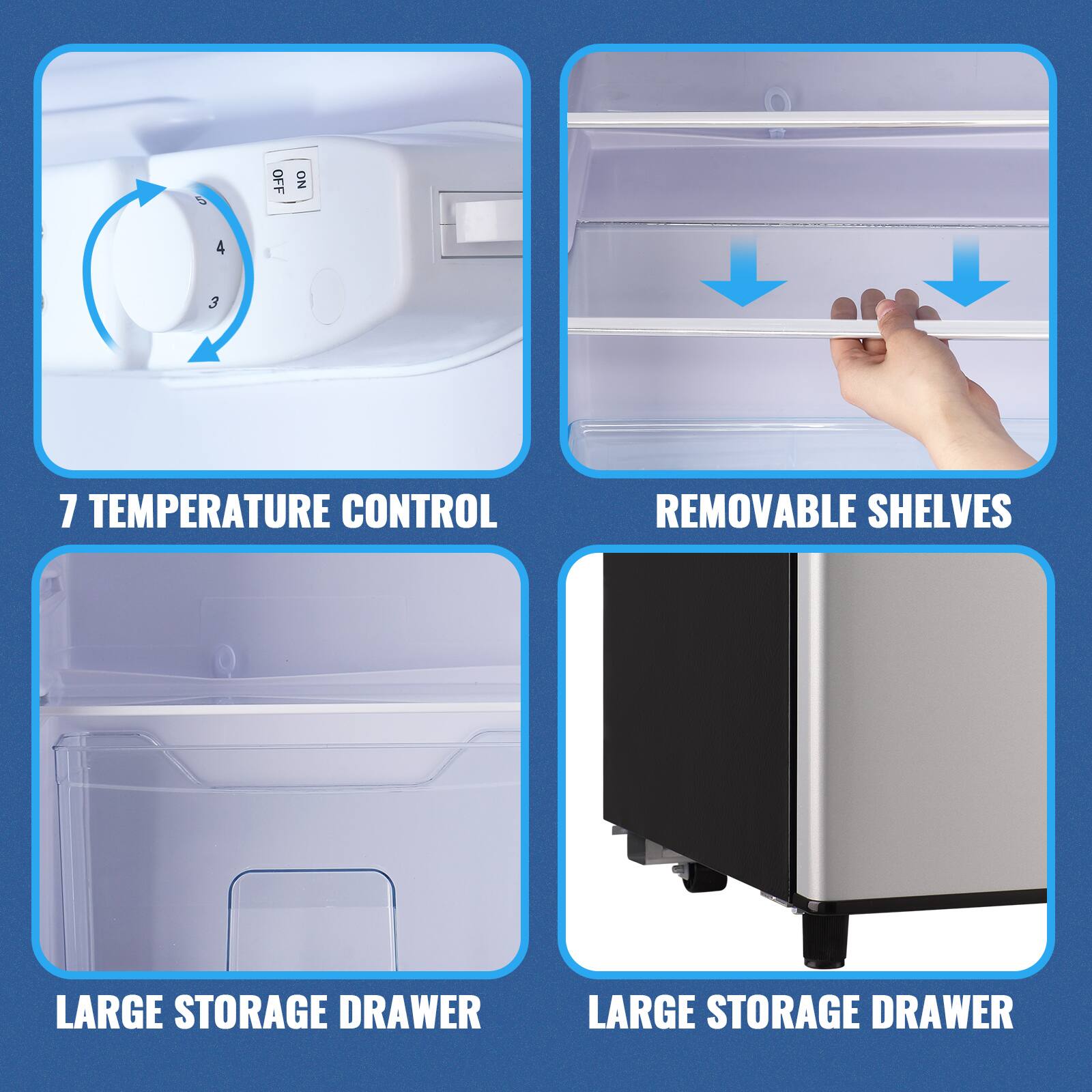 - 7 TEMPERATURE CONTROL
- REMOVABLE SHELVES
- LARGE STORAGE DRAWER
- LARGE STORAGE DRAWER