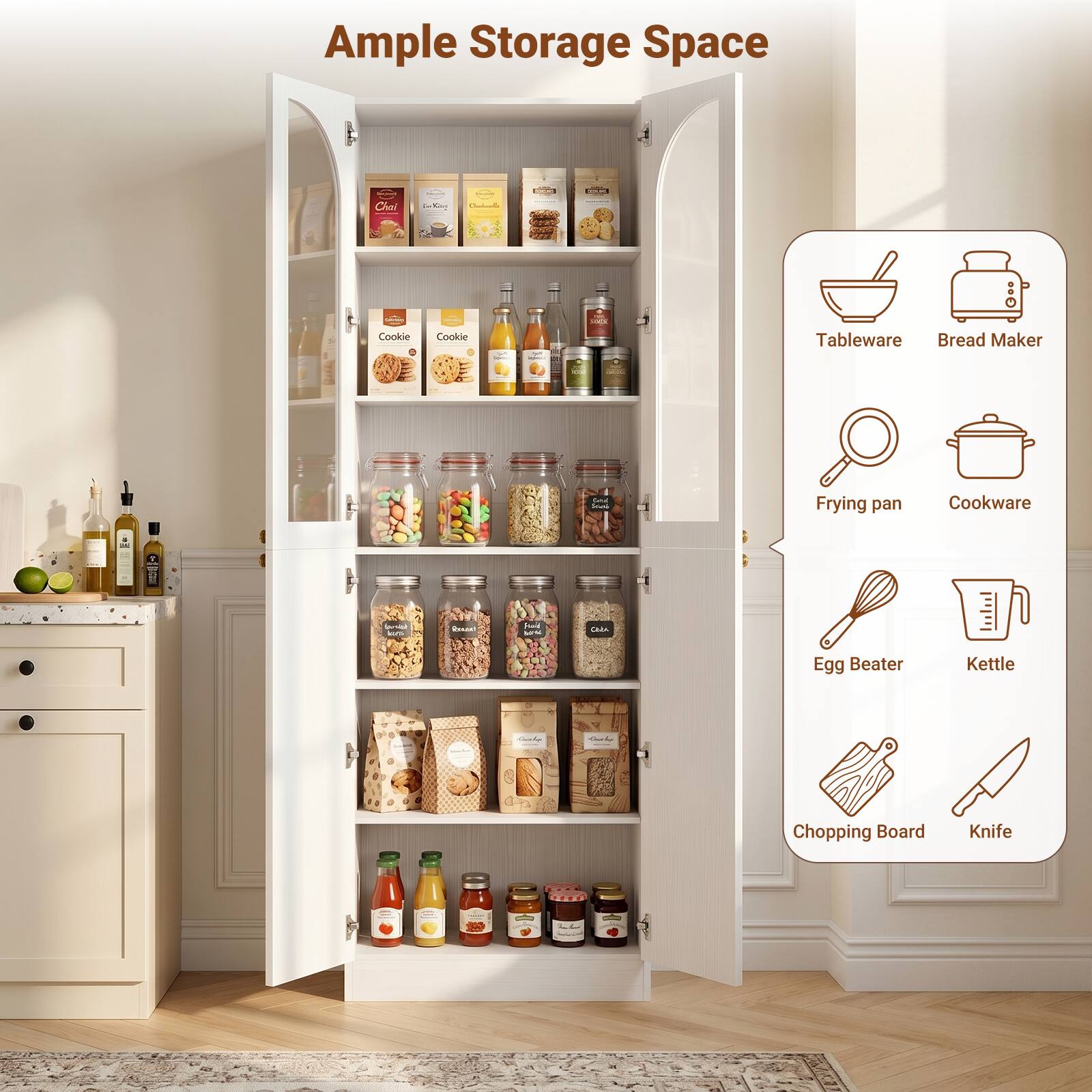 Ample Storage Space

- Tableware
- Bread Maker
- Frying pan
- Cookware
- Egg Beater
- Kettle
- Chopping Board
- Knife