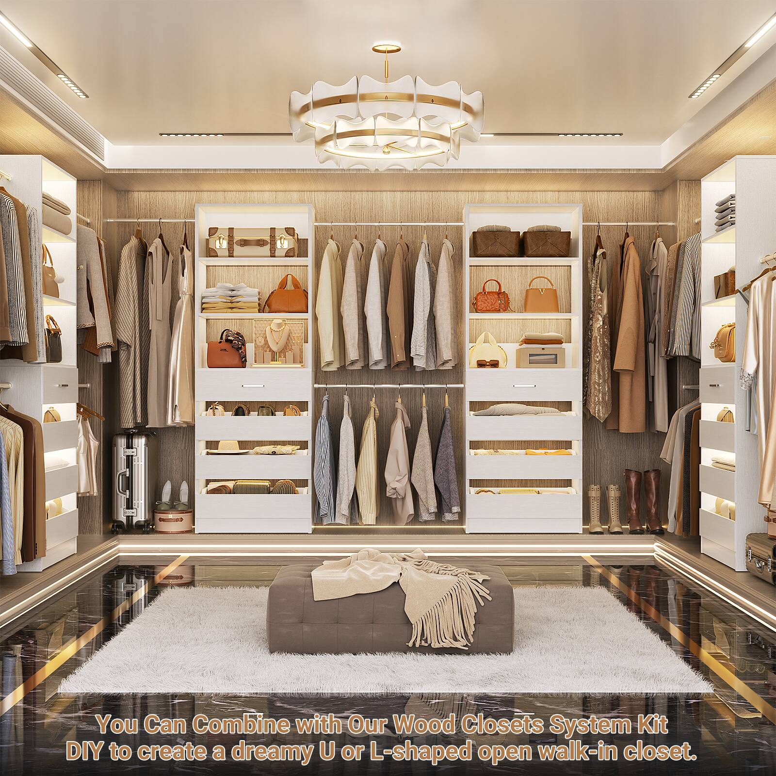 You Can Combine with Our Wood Closets System Kit DIY to create a dreamy U or L-shaped open walk-in closet.