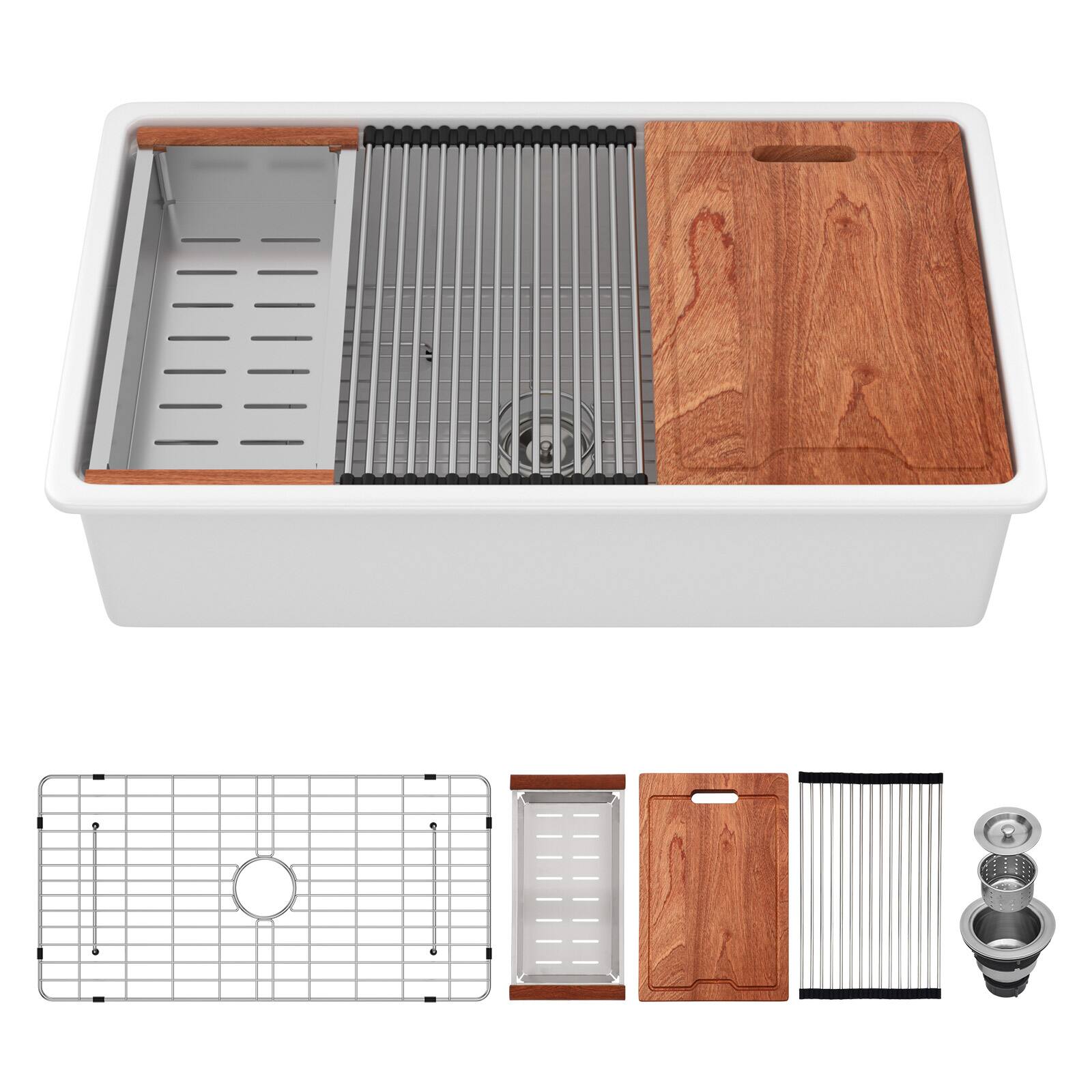 Alt View 7. Siljoy - Undermount White Kitchen Sink Workstation - 33x19x10 inch White Porcelain Ceramic Single Bowl Dual Mount Kitchen Sink - White.