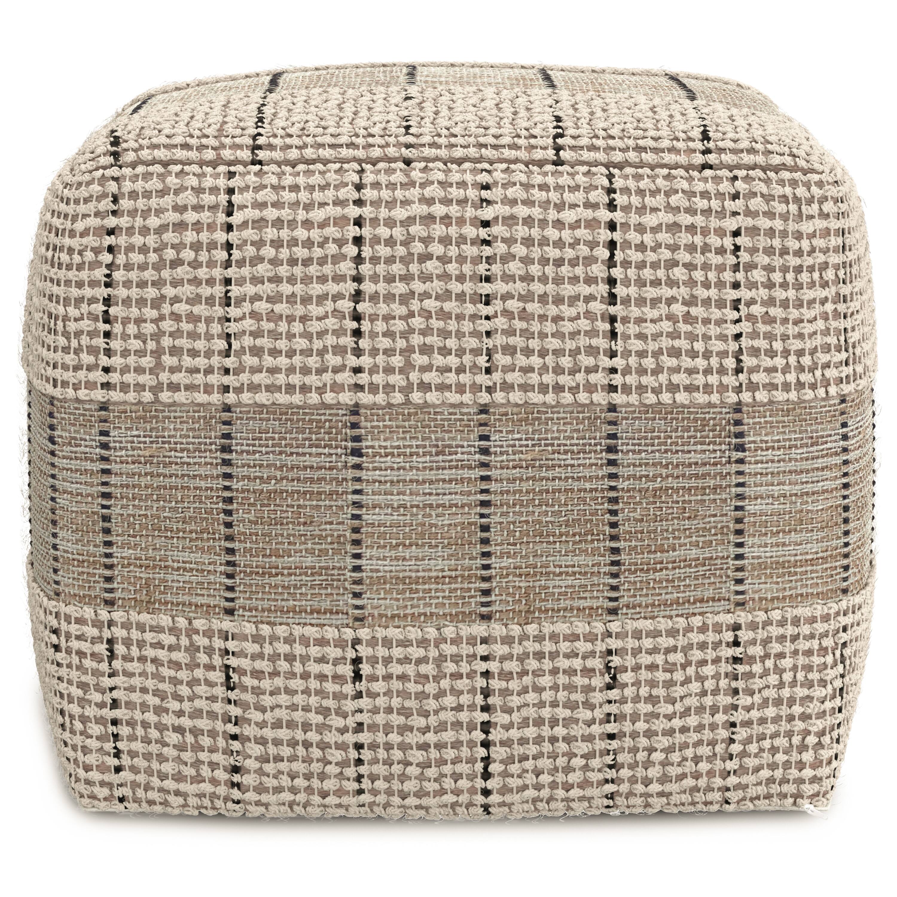 Left. Simpli Home - Elmer Contemporary Square Woven Pouf in Natural/Grey Jute, Cotton - Natural/Grey.