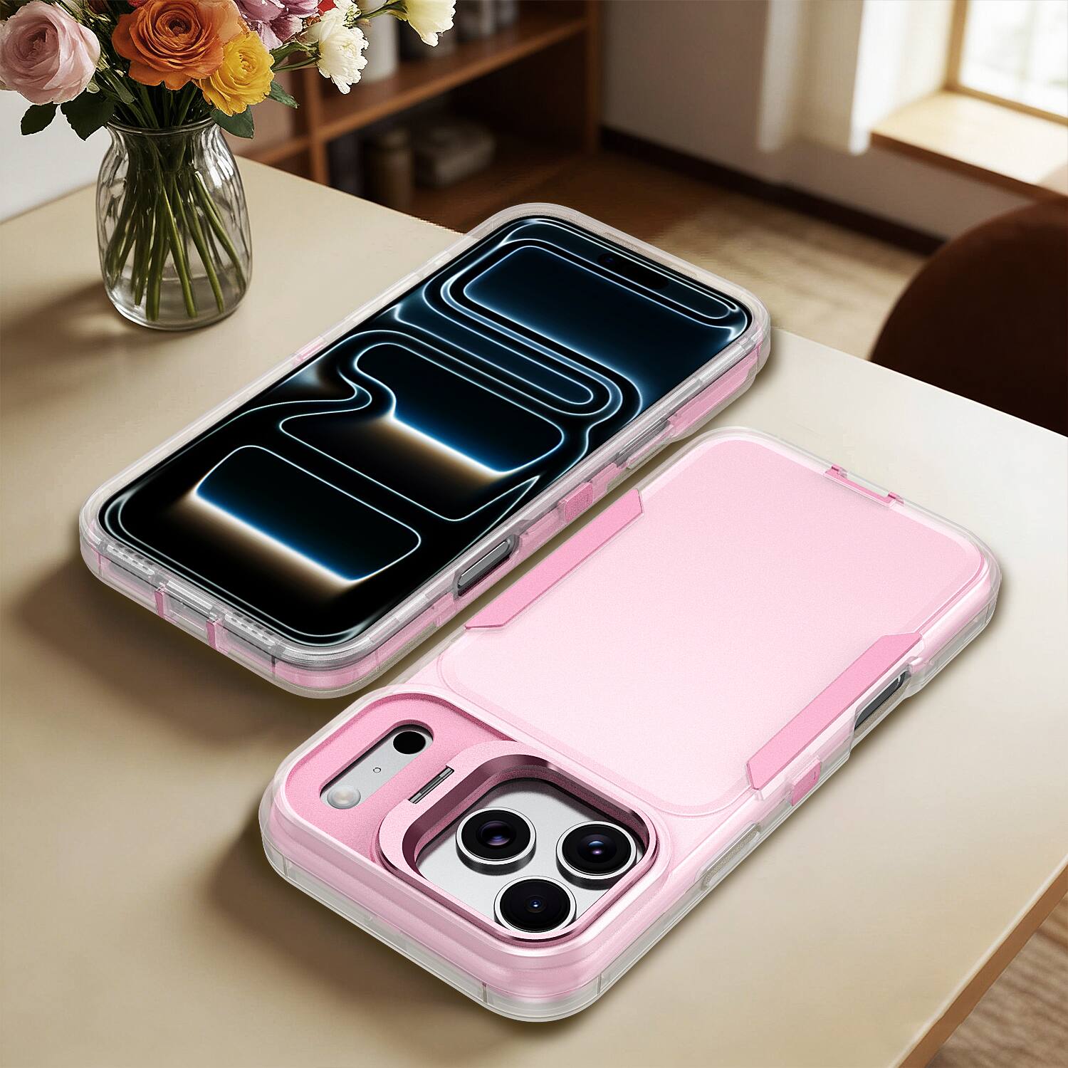 Alt View 3. Dteck - Slim Phone Case for Apple iPhone 18 Pro with Camera Kickstand, Shockproof Rugged Protective Cover, Raised Edge Guard - Pink.