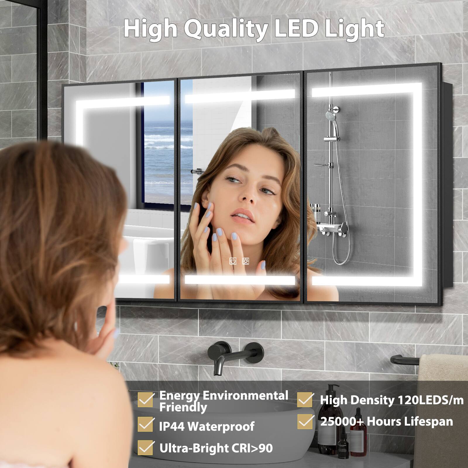 Left. LOVMOR - LOVMOR 48x32 in. Surface Mount Black Steel Triple Door Tempered Glass Medicine Cabinet with Soft Close Mirrors - Black.