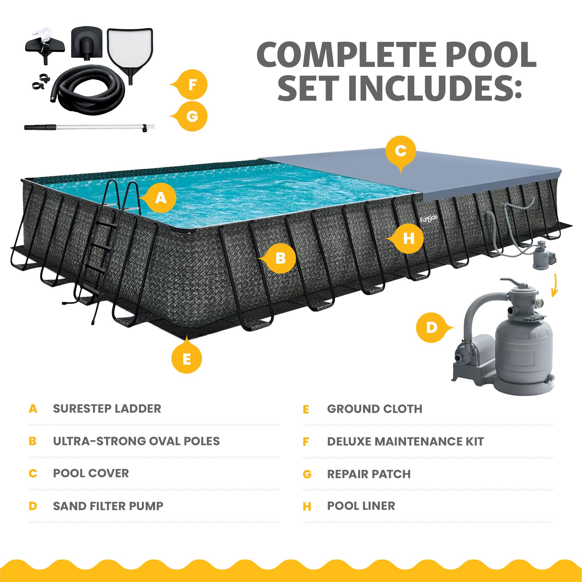 COMPLETE POOL SET INCLUDES:

A. SURESTEP LADDER  
B. ULTRA-STRONG OVAL POLES  
C. POOL COVER  
D. SAND FILTER PUMP  
E. GROUND CLOTH  
F. DELUXE MAINTENANCE KIT  
G. REPAIR PATCH  
H. POOL LINER