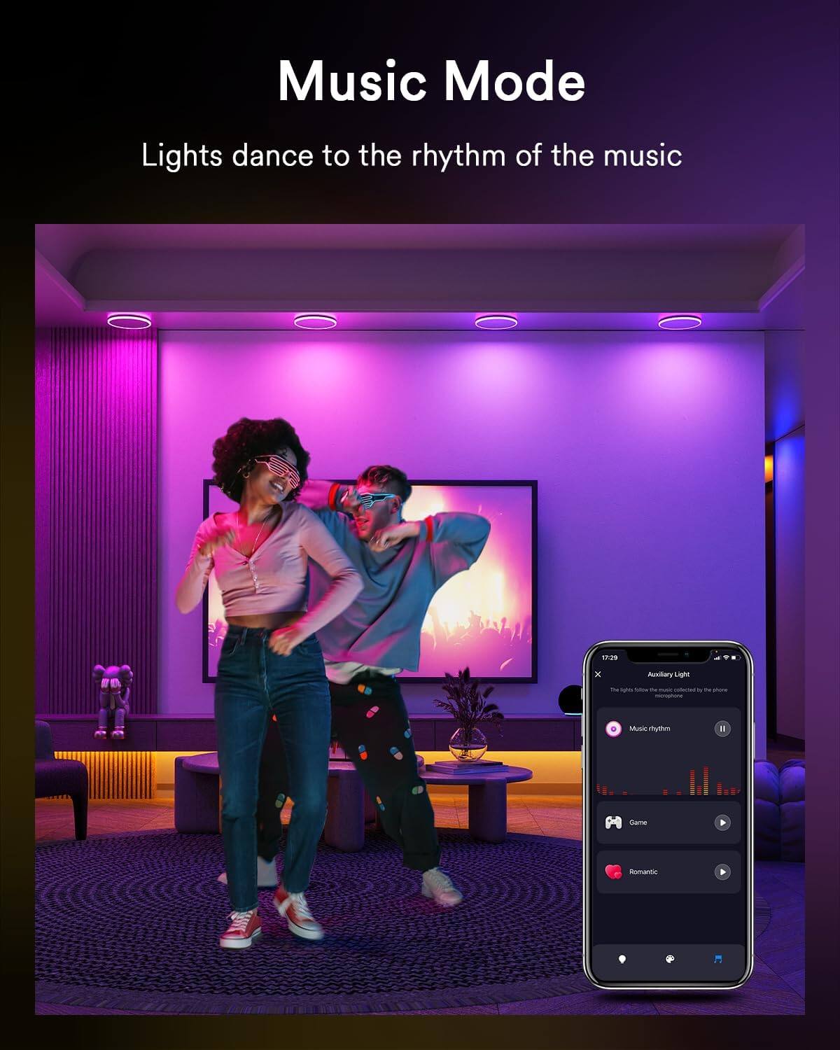 Music Mode  
Lights dance to the rhythm of the music  

2 x Auxiliary Light