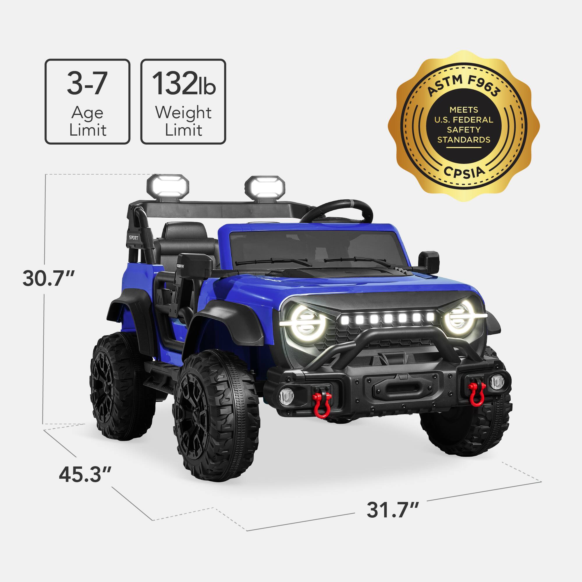 3-7 Age Limit  
132lb Weight Limit  
ASTM F963 MEETS U.S. FEDERAL SAFETY STANDARDS CPSIA  
30.7"  
45.3"  
31.7"