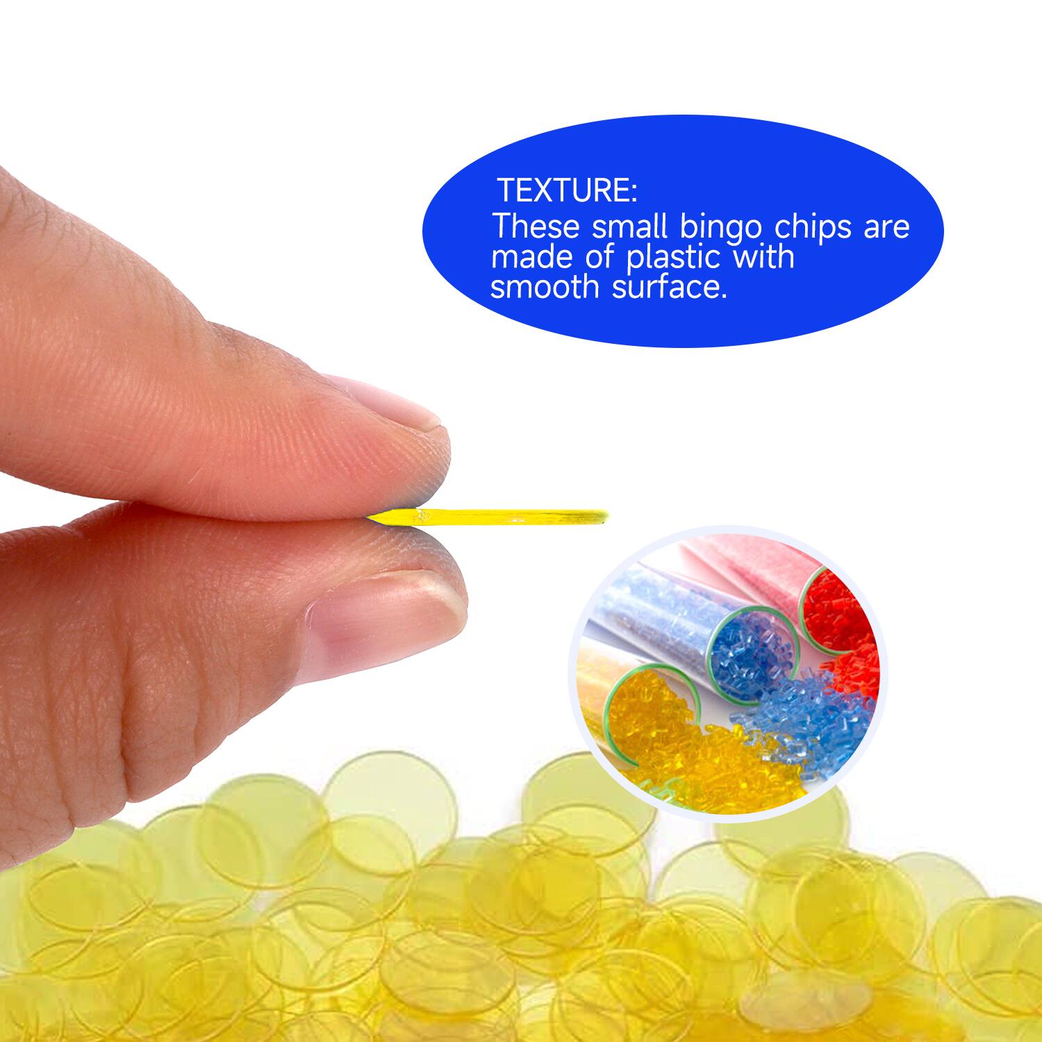 TEXTURE: These small bingo chips are made of plastic with smooth surface.