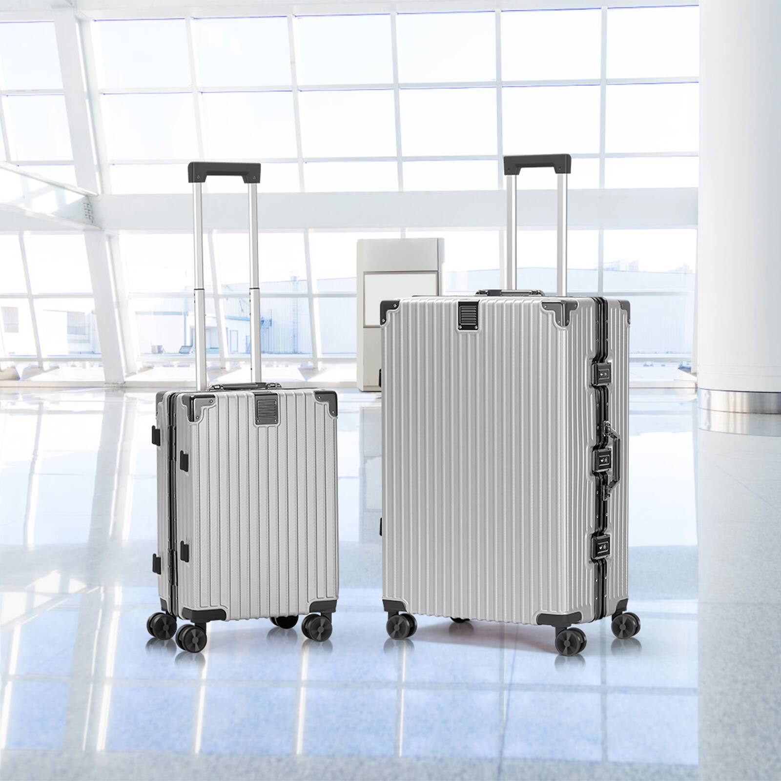 Alt View 1. Oumilen - 2 Piece Aluminum Frame Luggage Set – 20in Carry On & 28in Checked with TSA Lock, Silver, 360° Spinner Wheels - Silver.