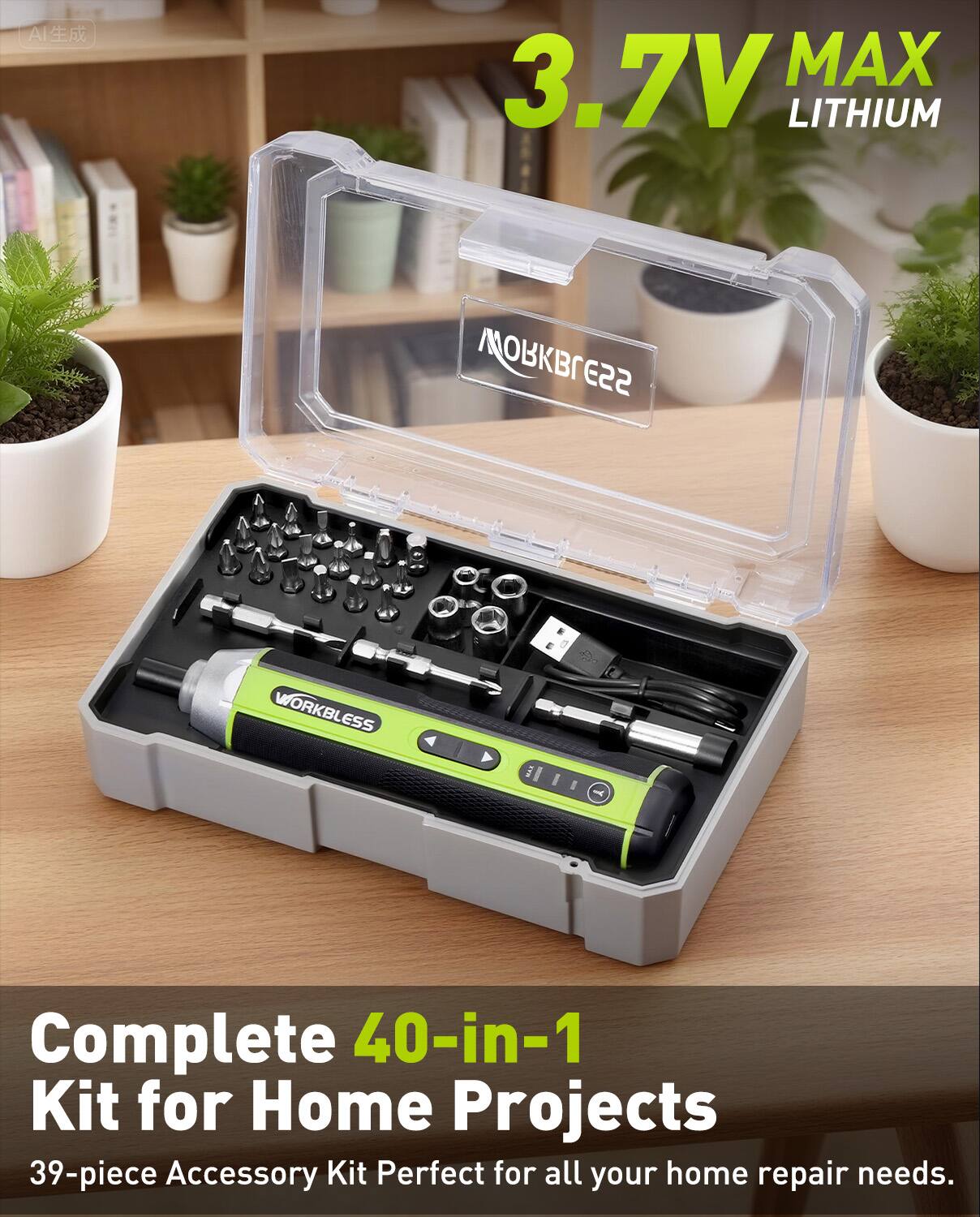 AI 3.7V MAX LITHIUM CAPCERTN WORKBLESS Complete 40-in-1 Kit for Home Projects 39-piece Accessory Kit Perfect for all your home repair needs.