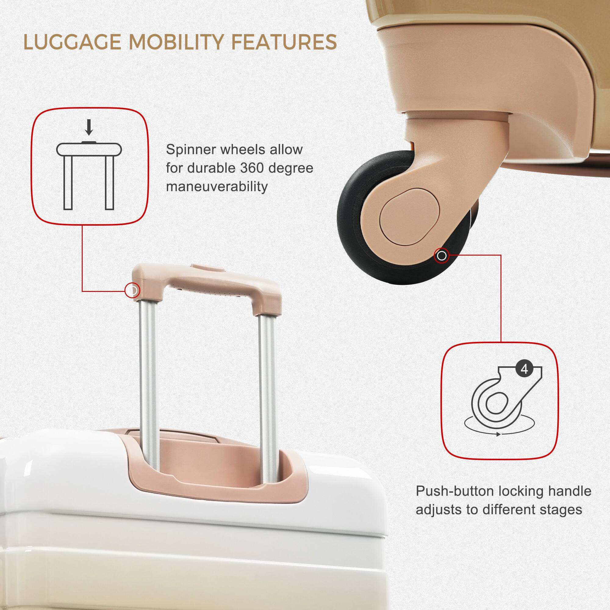 LUGGAGE MOBILITY FEATURES

Spinner wheels allow for durable 360 degree maneuverability

Push-button locking handle adjusts to different stages