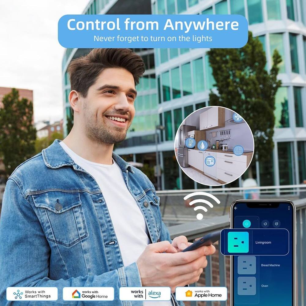 Control from Anywhere  
Never forget to turn on the lights  

Works with SmartThings  
Works with Google Home  
Works with Alexa  
Works with Apple Home  

Livingroom  
Bread Machine  
Oven