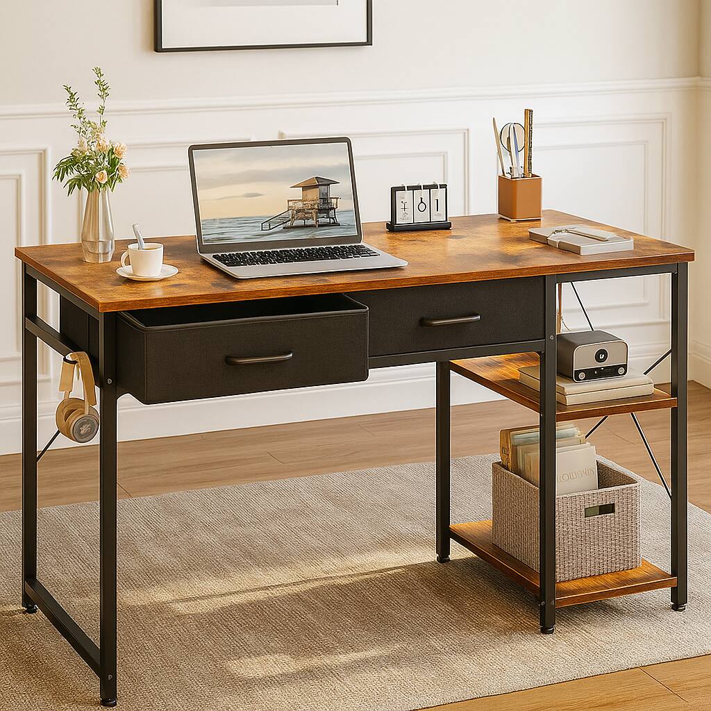 Front. Zell Electronics - 40-Inch White Desk with Drawers, Power Outlet, and Shelves | Vanity or Study Table for Small Spaces - White.