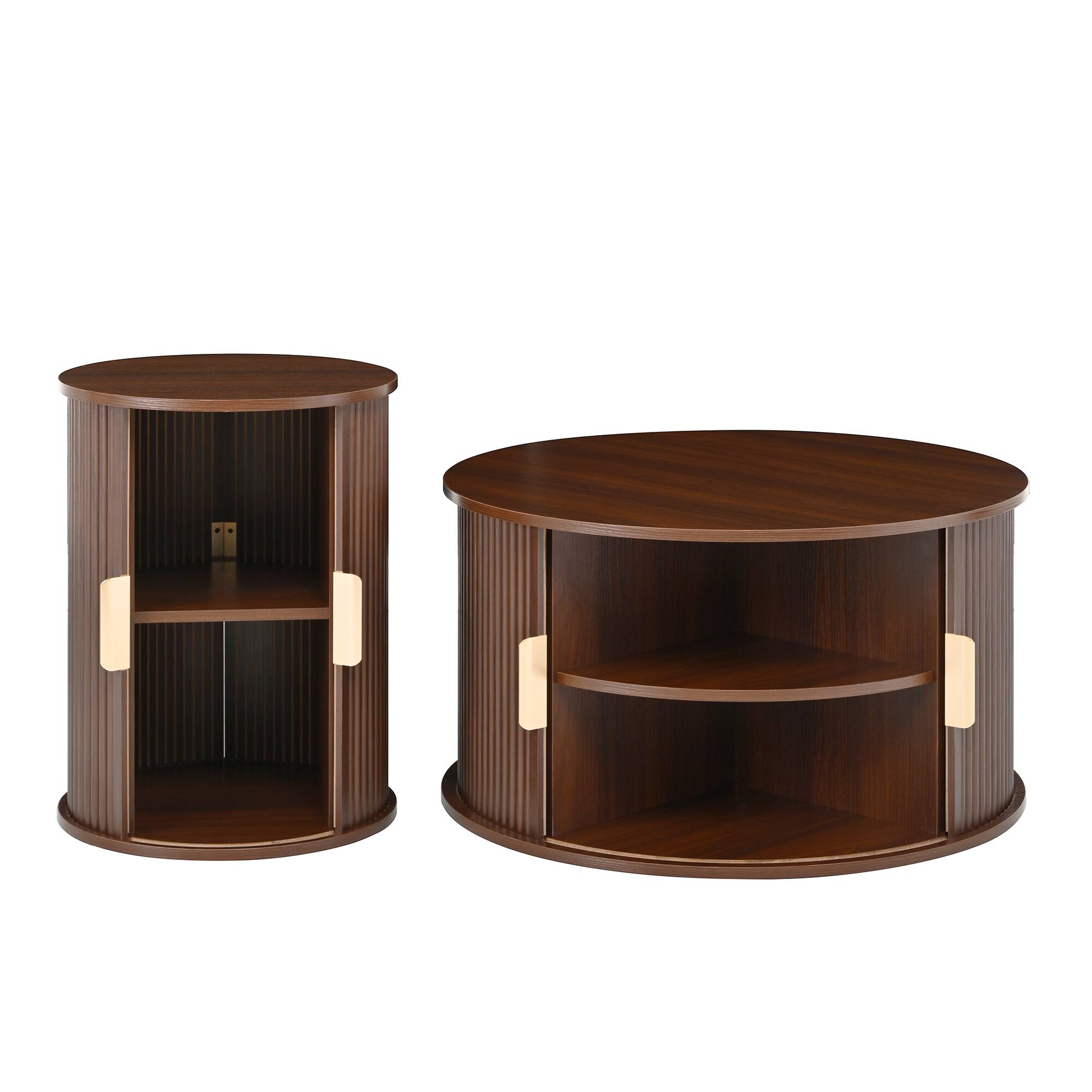 Alt View 6. Tiramisubest - Mid-Century Coffee & Side Table Set of 2 with Tambour Door,Fluted Design,Golden Handle Tall & Low Side Table,Walnut - Walnut.