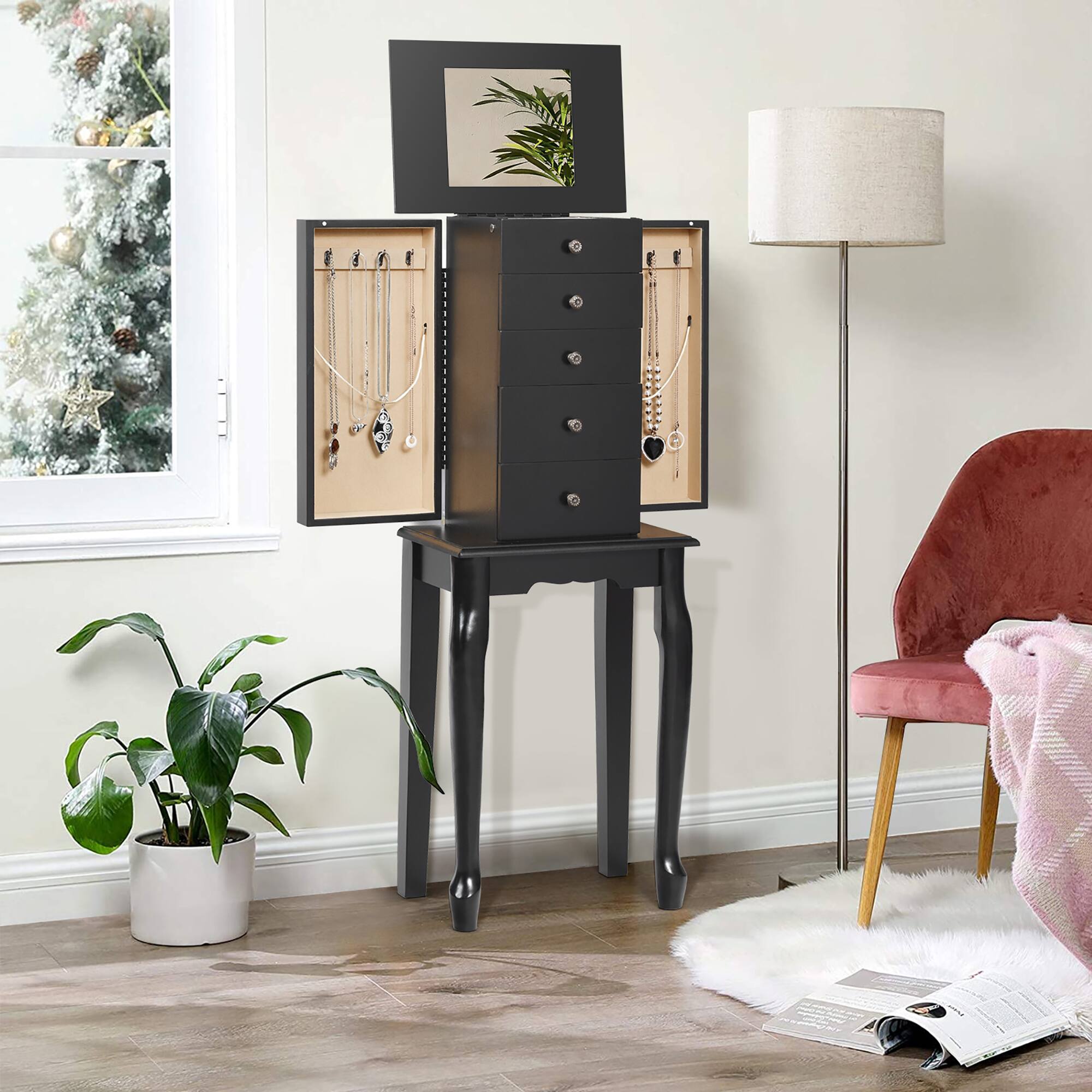 Angle. Costway - Jewelry Cabinet Storage Chest Standing Organizer Mirror Black - Black.