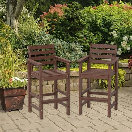 Front. Hivvago - Set of 2 HDPE Outdoor Bar Chairs with Extra-Wide Armrests for Patio Use - Brown.
