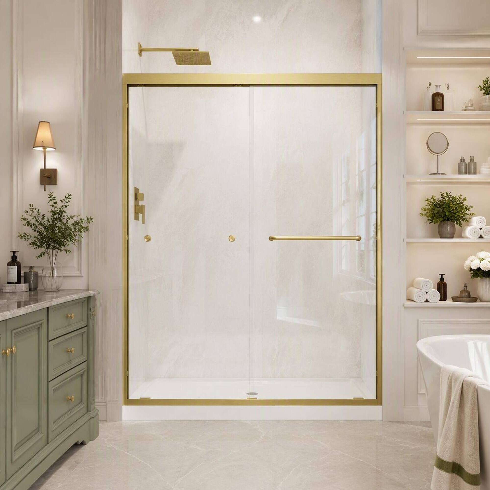 Back. RYHNUYNE - 55-60" W X 72" H Brushed Gold Double Bypass Sliding Shower Door With 1/4" Tempered Glass, Nano Safety Film - Brushed Gold.