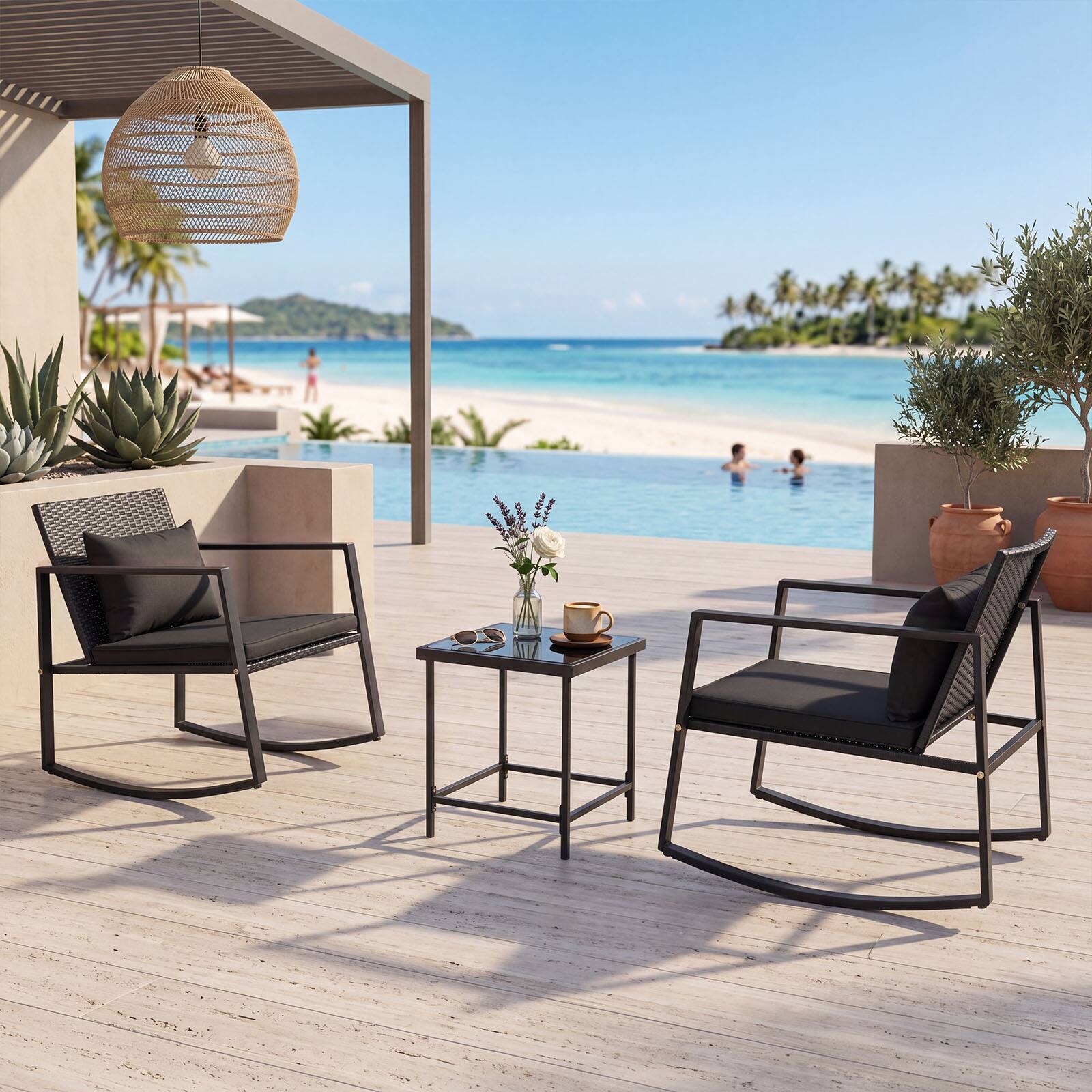 Alt View 3. Gymax - Gymax 3-Piece Outdoor Rocking Bistro Set Patio Rocking Chairs & Coffee Table Set - Black.