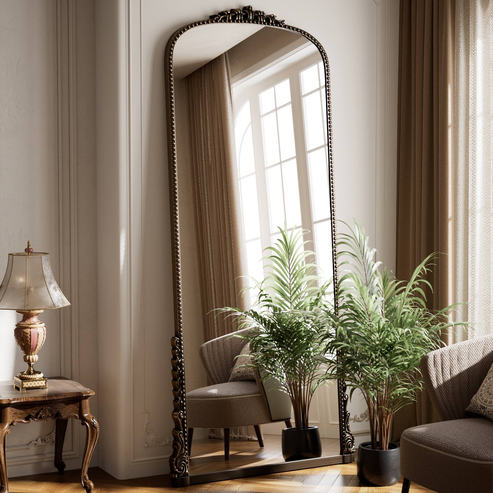Back. Easly - Antique Bronze 32 in. W x 71 in. H Carved Arched PU Frame Full Length Floor Mirror - Antique Bronze.